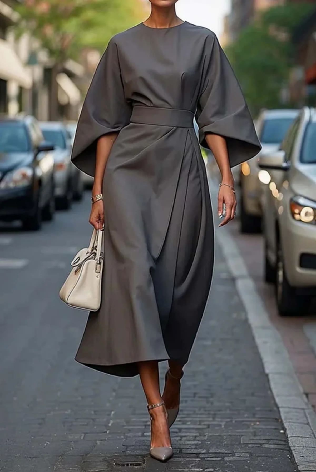 Elegant dress with lantern sleeves and adjustable waist bow.