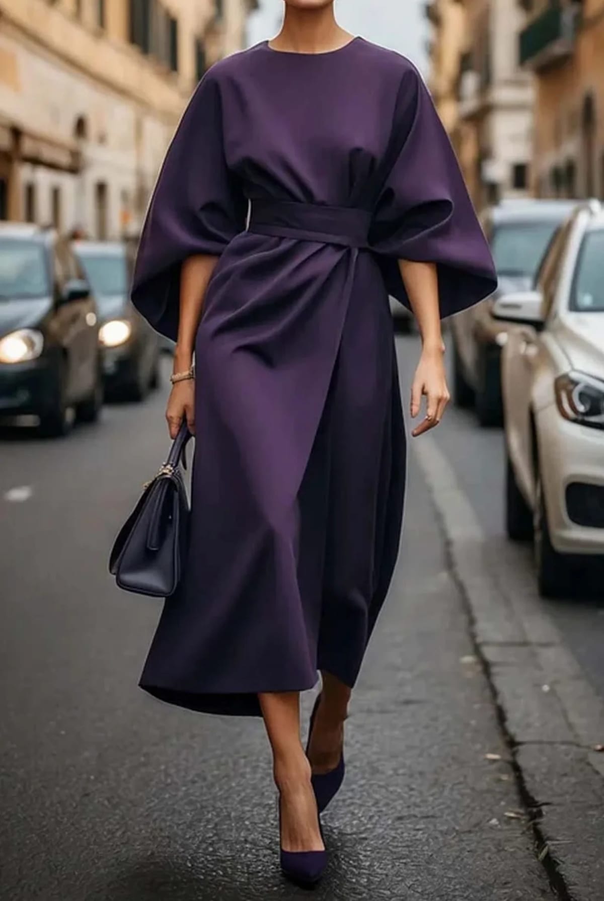 Elegant dress with lantern sleeves and adjustable waist bow.