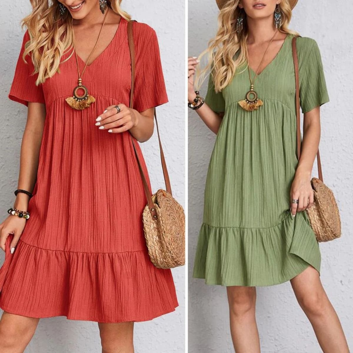 Layered dress with belly coverage, flattering silhouette.