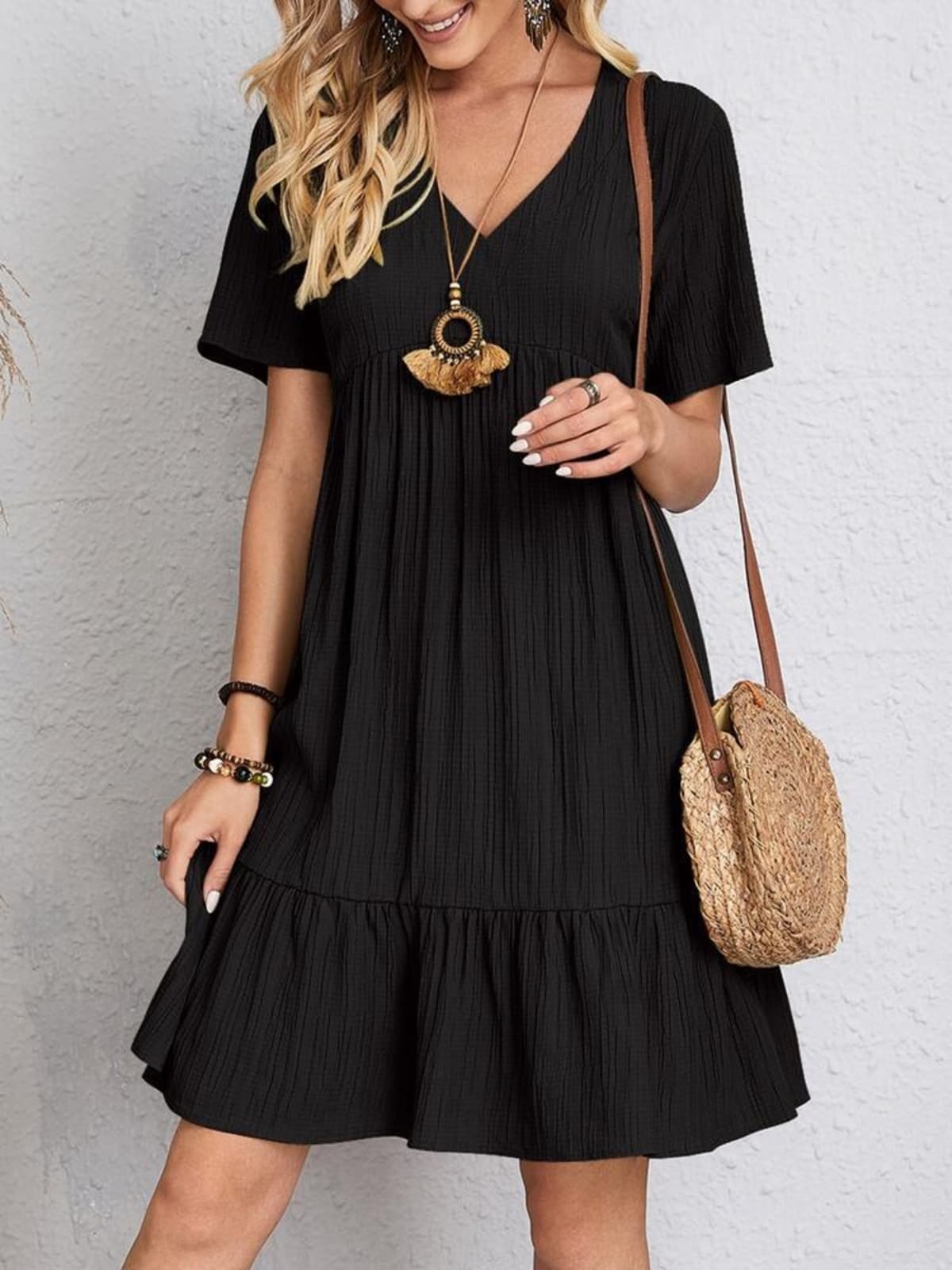 Layered dress with belly coverage, flattering silhouette.