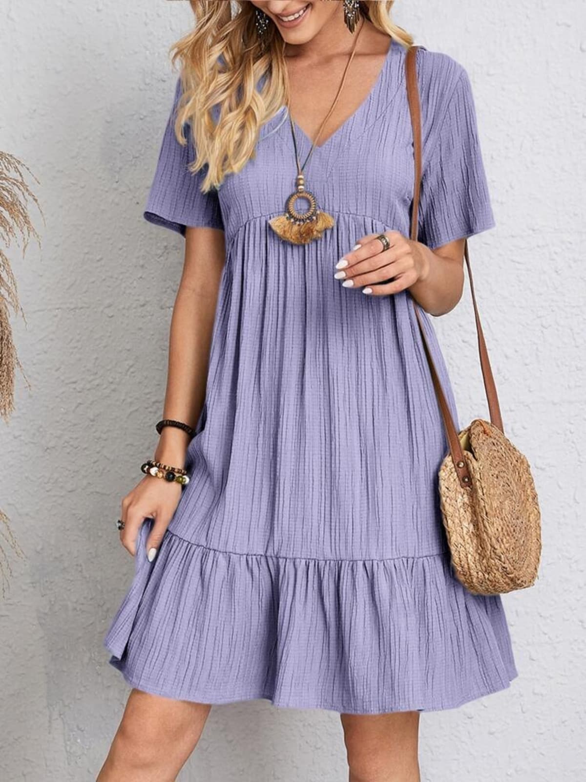 Layered dress with belly coverage, flattering silhouette.