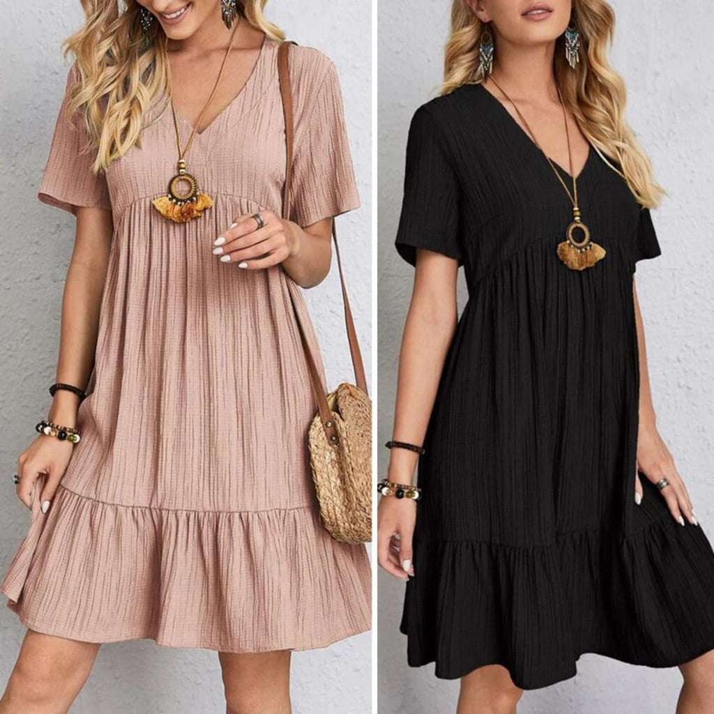 Layered dress with belly coverage, flattering silhouette.