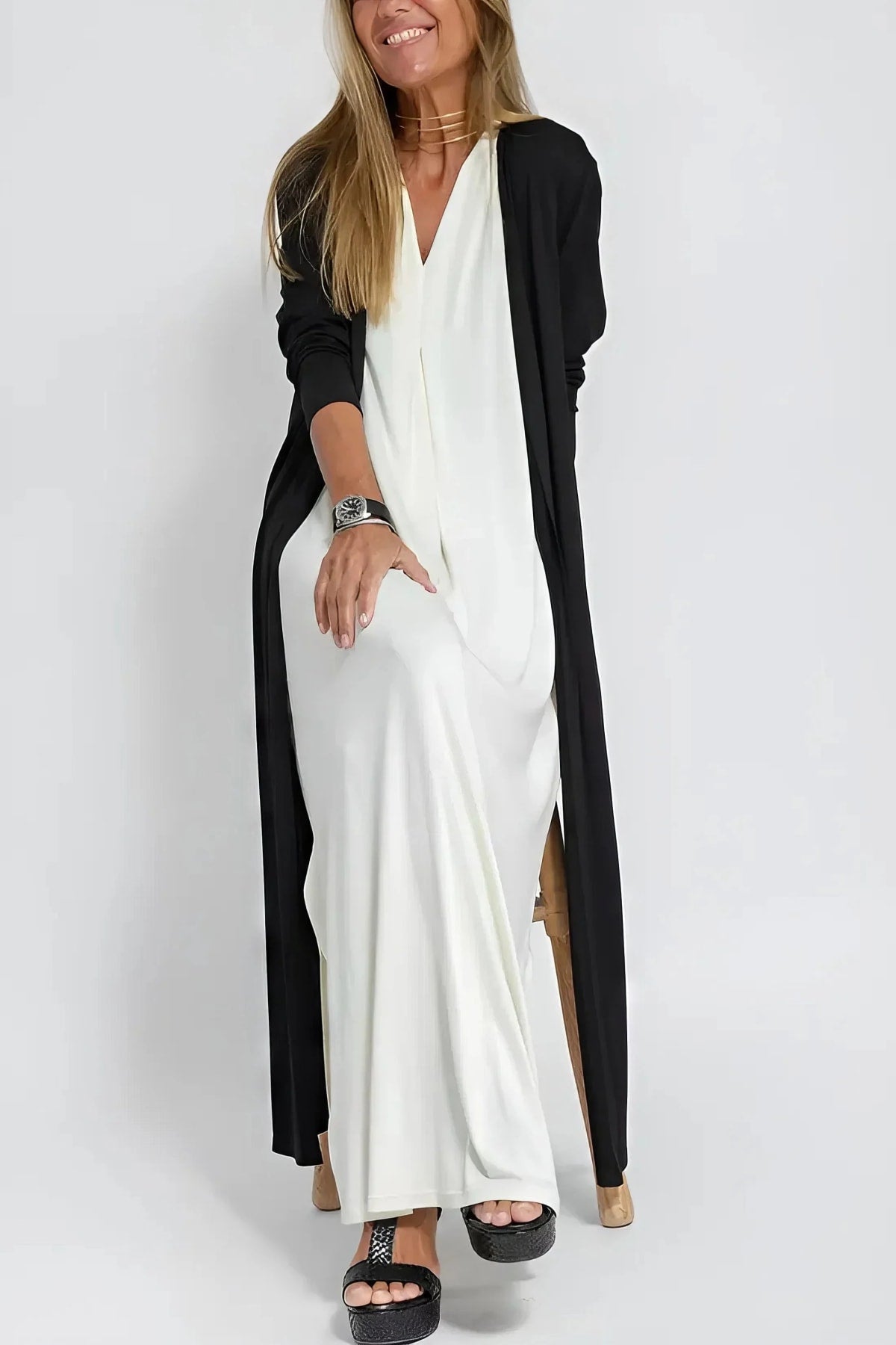 Long dress with matching cardigan, flowing cut, wrinkle-resistant.