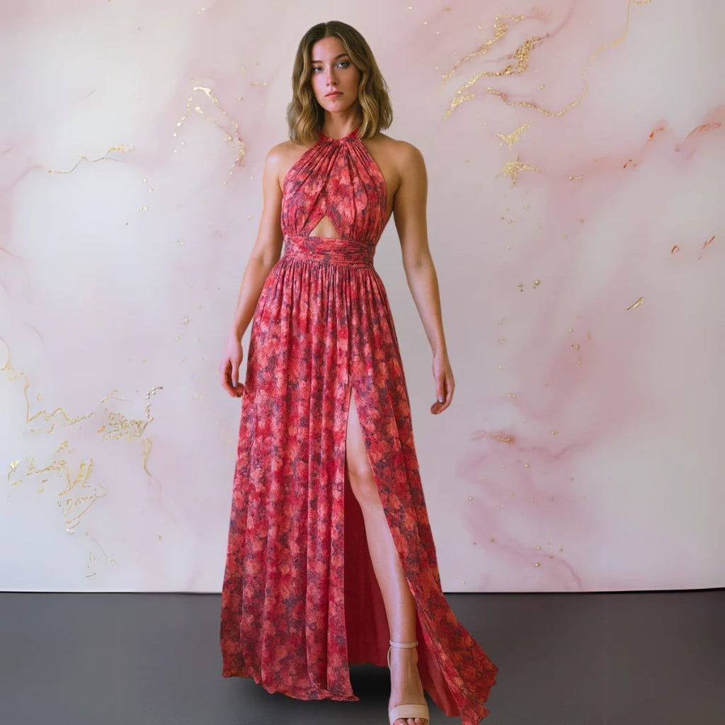 Floral maxi dress with open back and flowing silhouette.