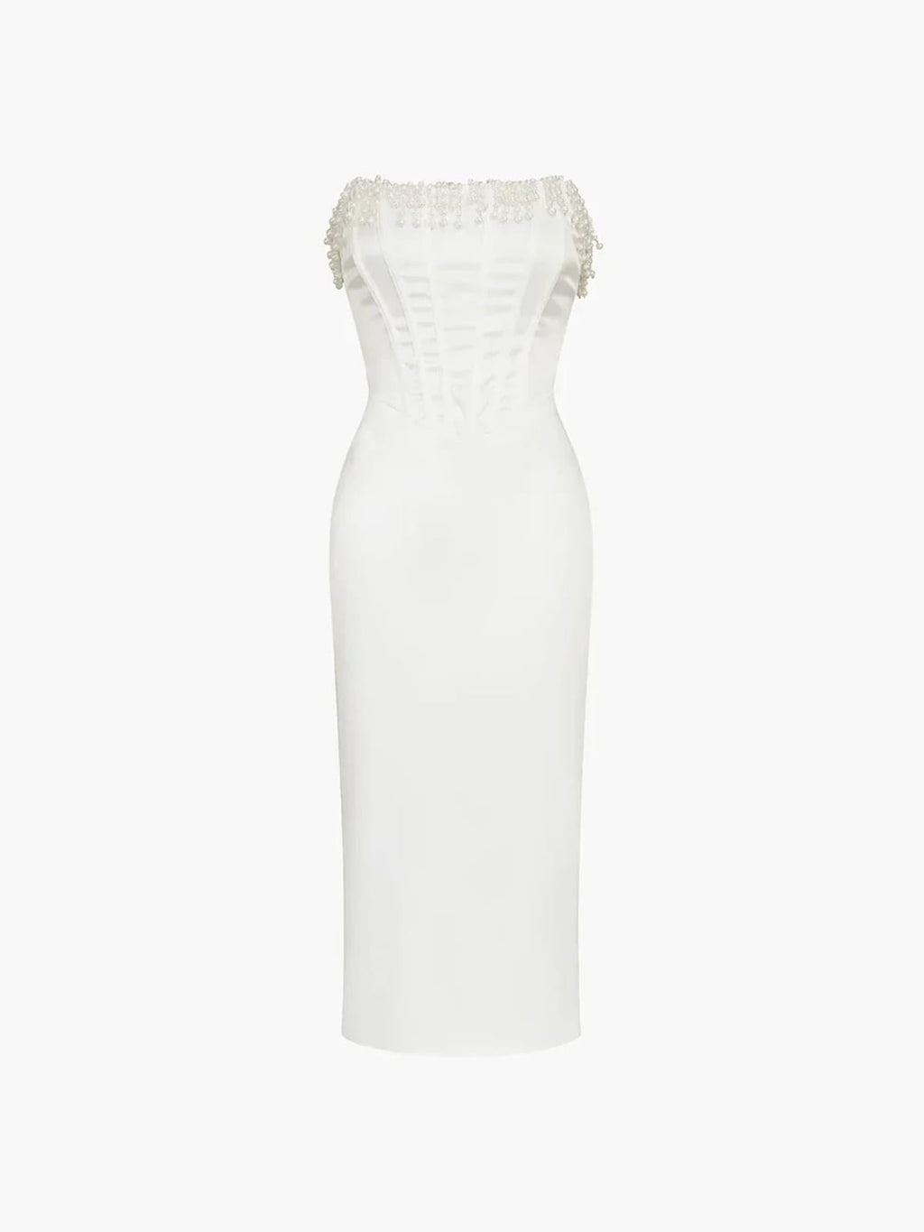 Woman wearing strapless midi dress with pearl and beaded fringe.