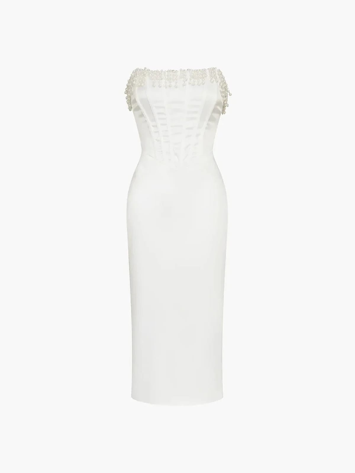Woman wearing strapless midi dress with pearl and beaded fringe.