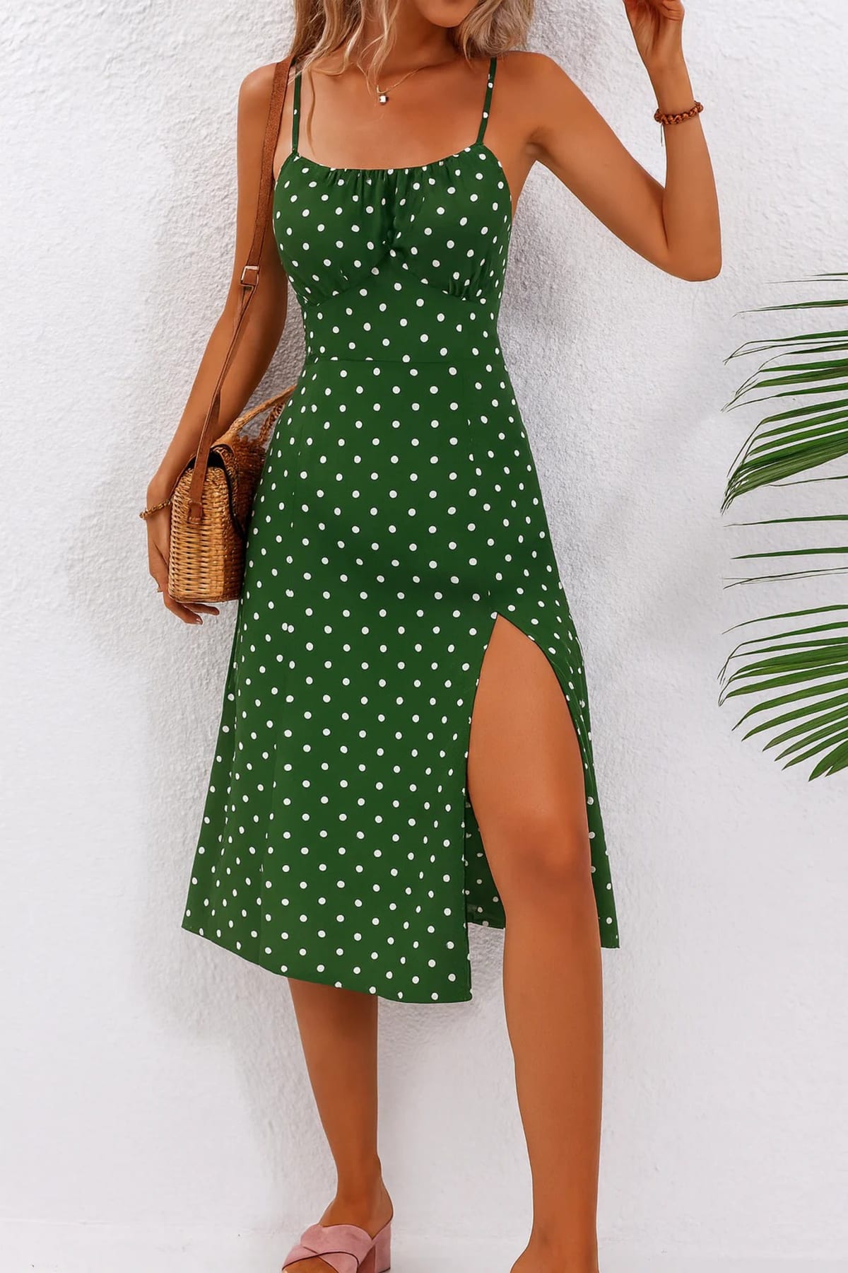 Polkadot midi dress with thin straps and side slit
