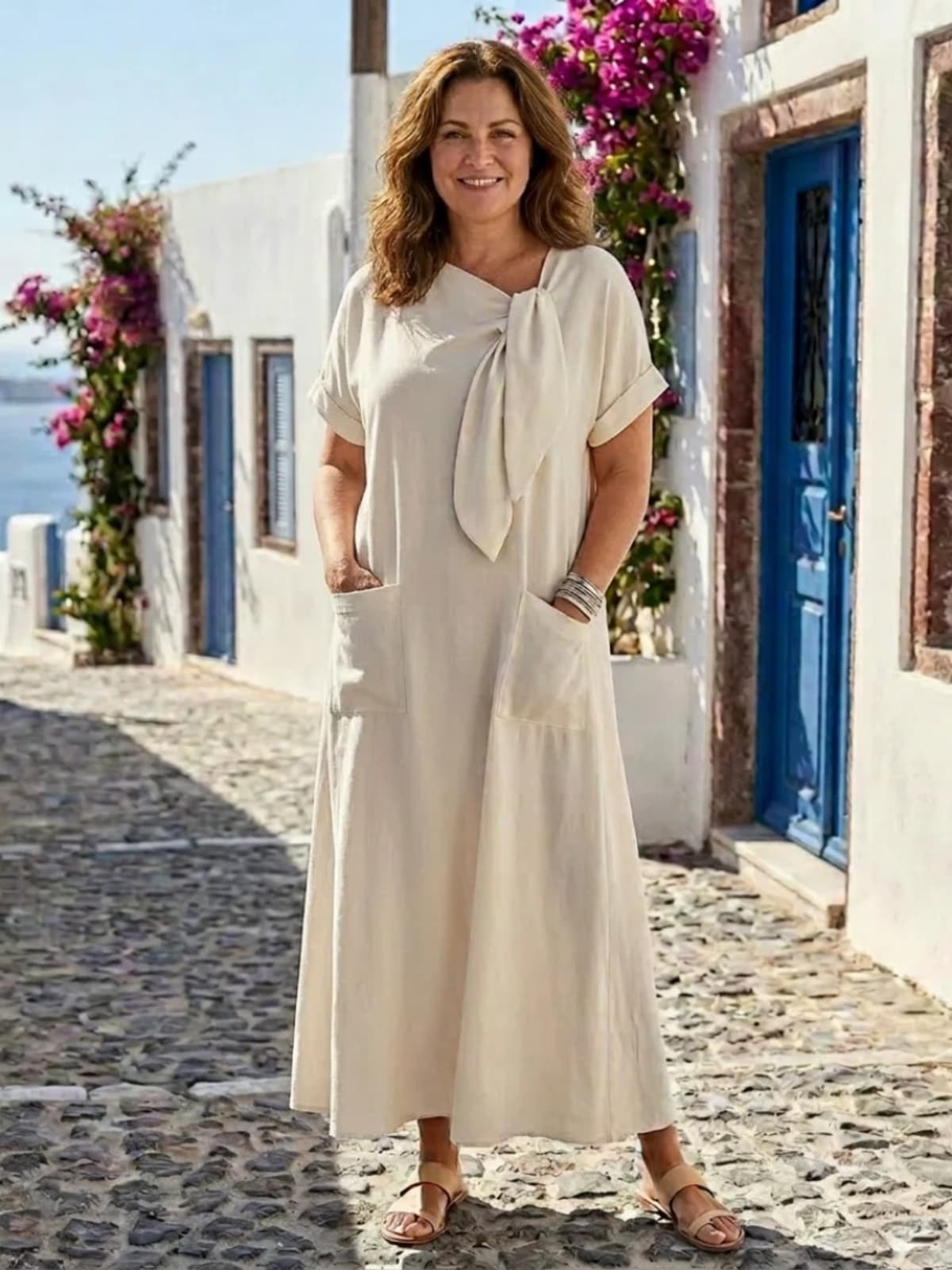 Women's round neck maxi dress with pockets and tie detail.
