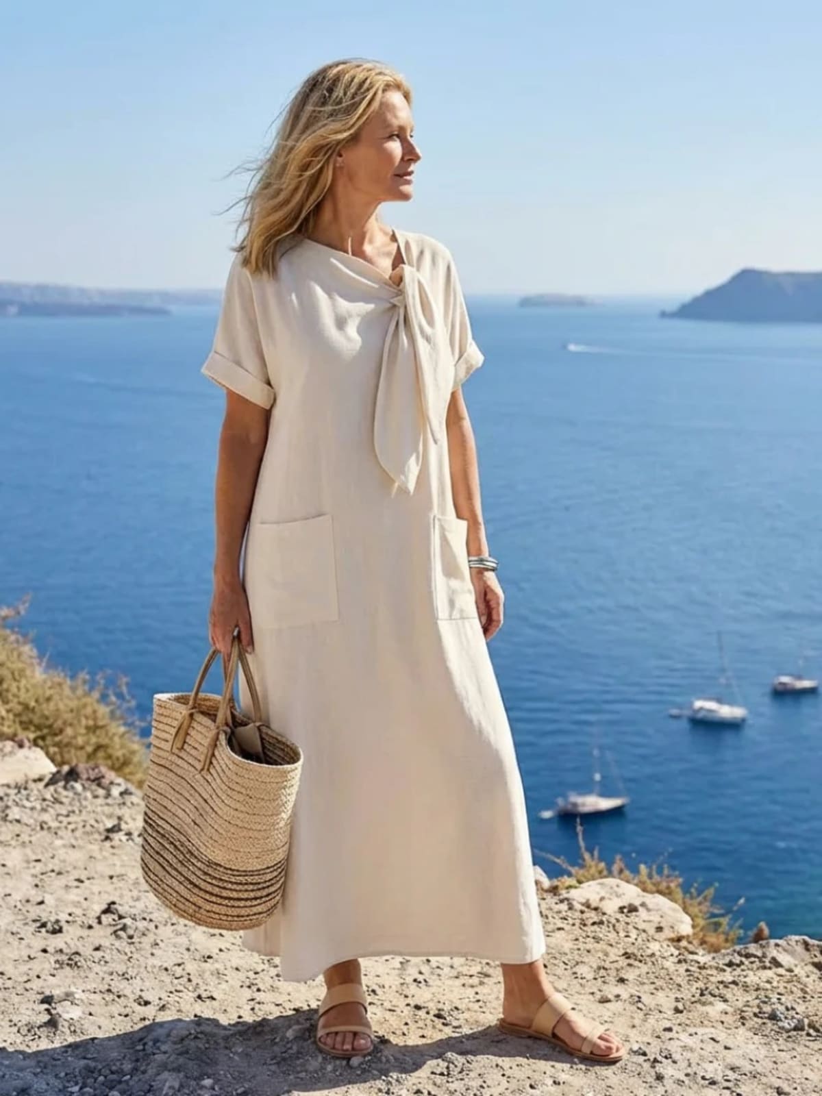 Women's round neck maxi dress with pockets and tie detail.
