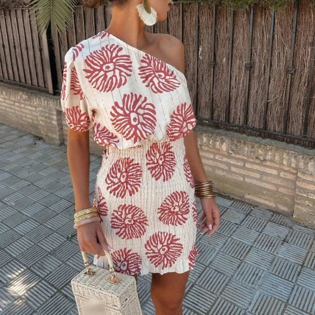 A short dress with relaxed fit and light fabric drape.