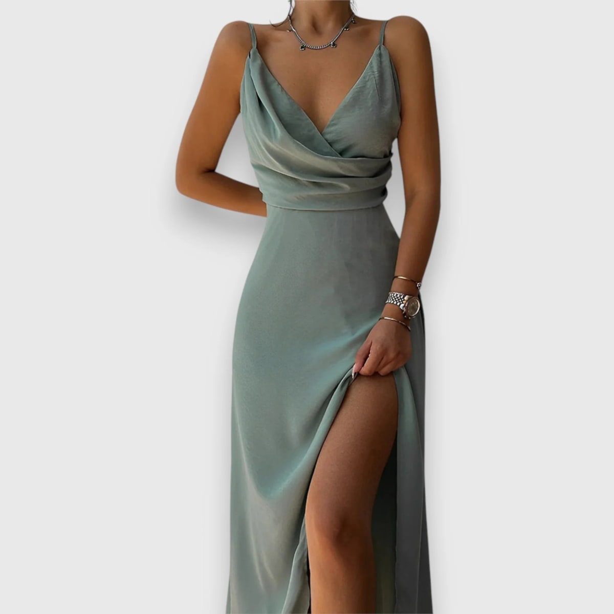 Tailored evening dress with elegant neckline for formal occasions.