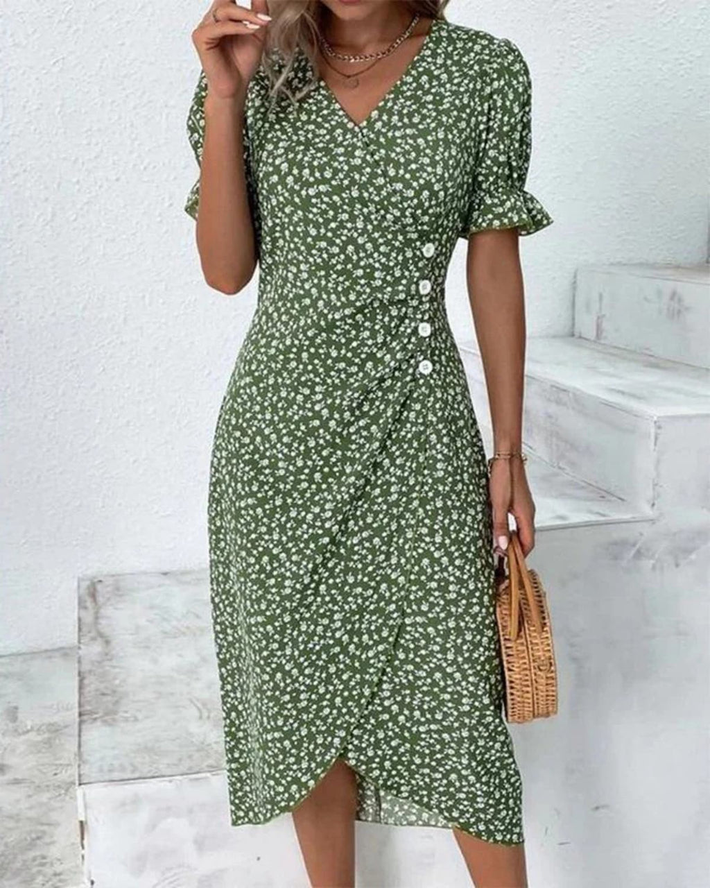 V-neck dress with flowing silhouette ideal for events