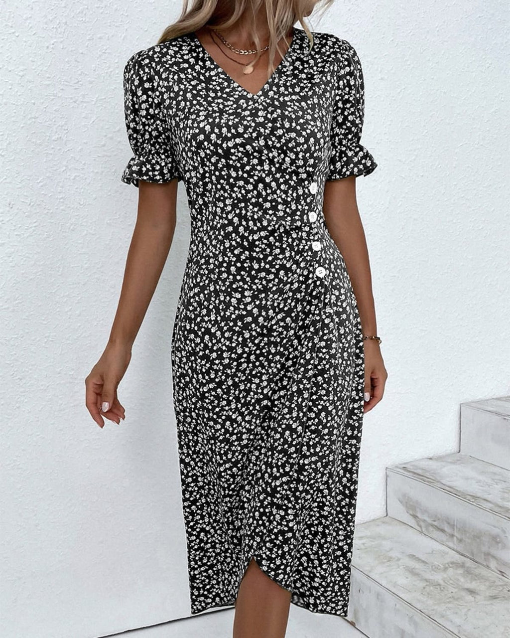 V-neck dress with flowing silhouette ideal for events