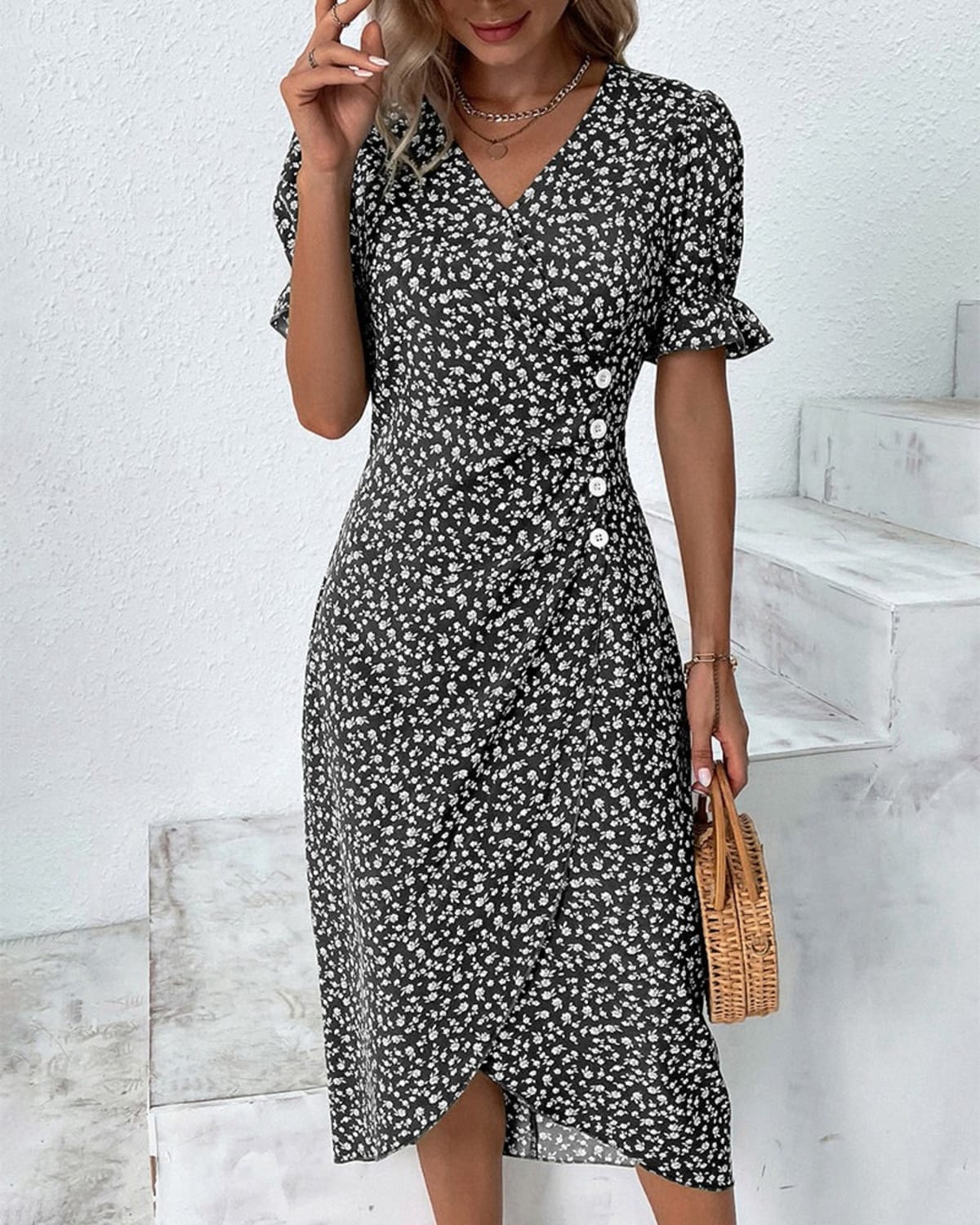 V-neck dress with flowing silhouette ideal for events