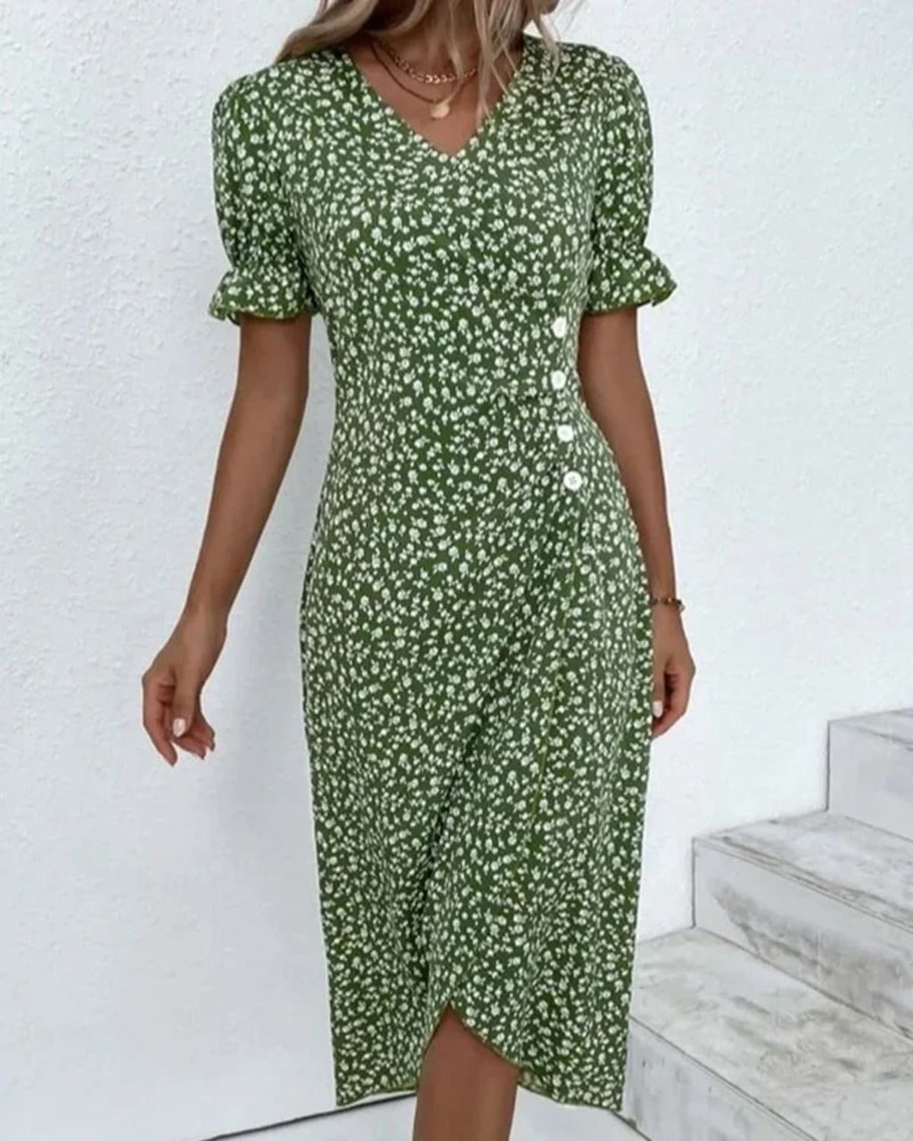 V-neck dress with flowing silhouette ideal for events