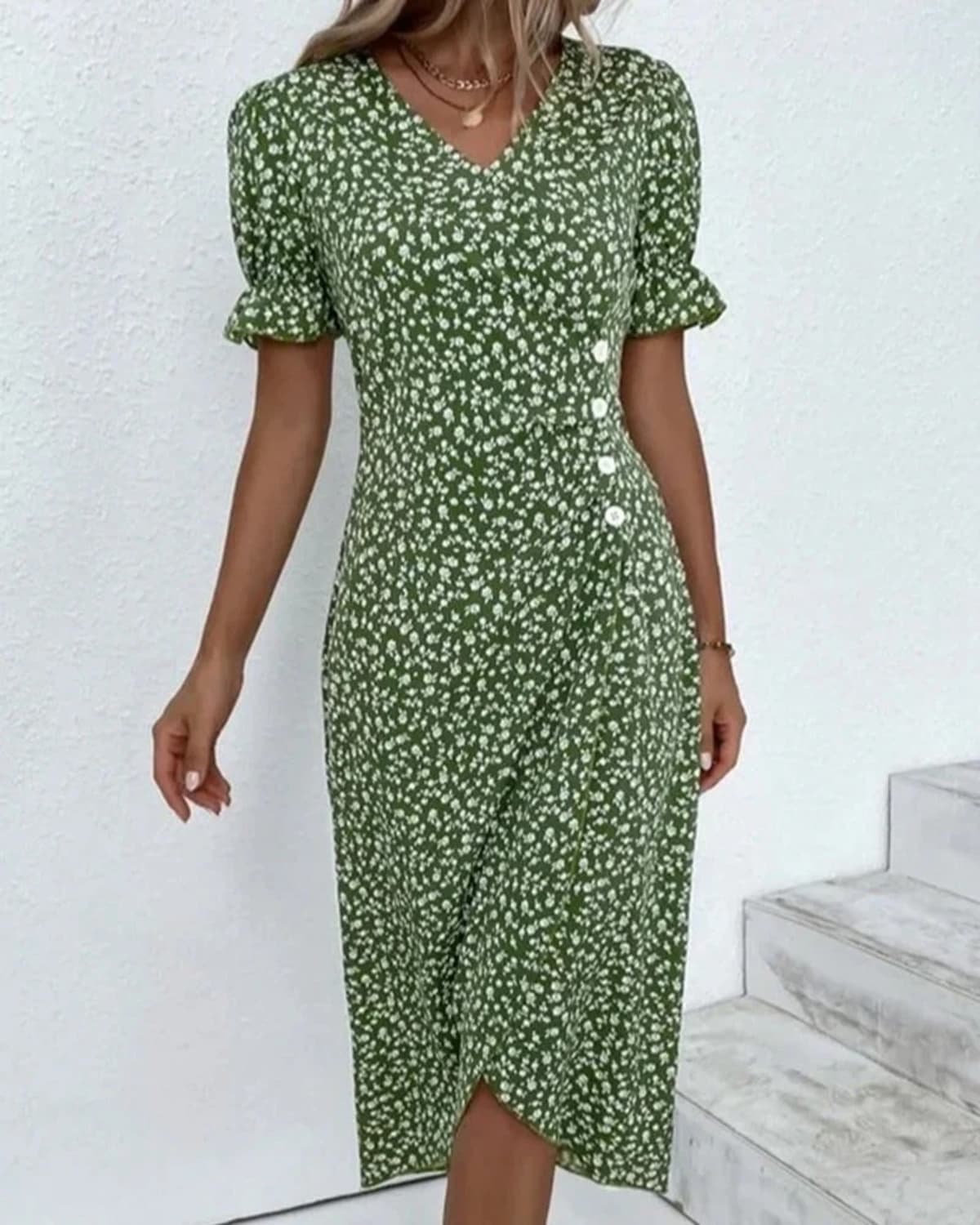 V-neck dress with flowing silhouette ideal for events