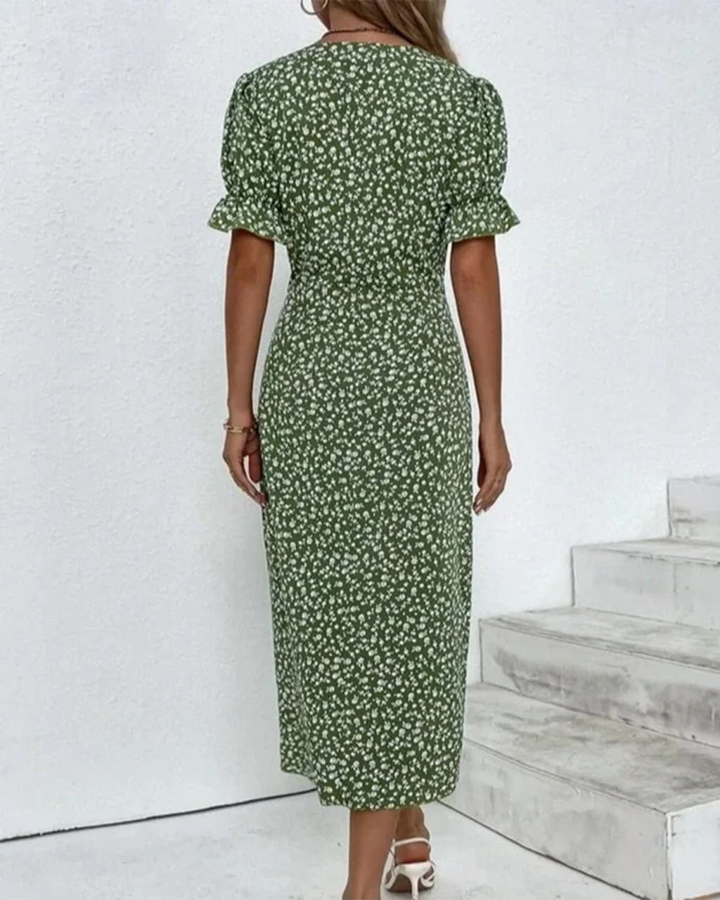 V-neck dress with flowing silhouette ideal for events