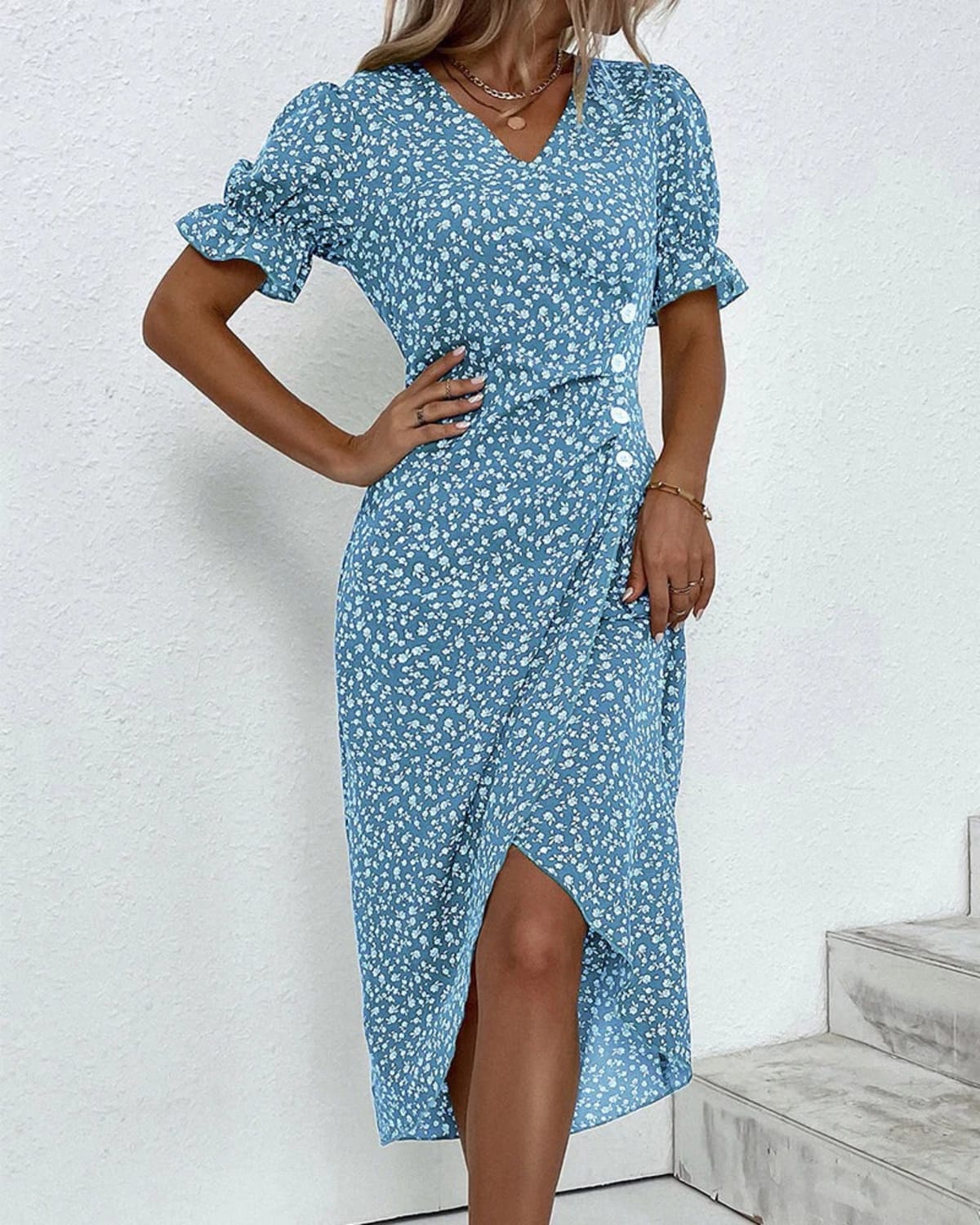 V-neck dress with flowing silhouette ideal for events