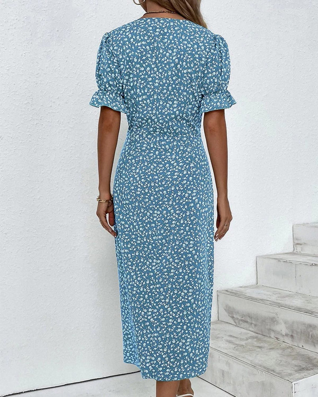 V-neck dress with flowing silhouette ideal for events