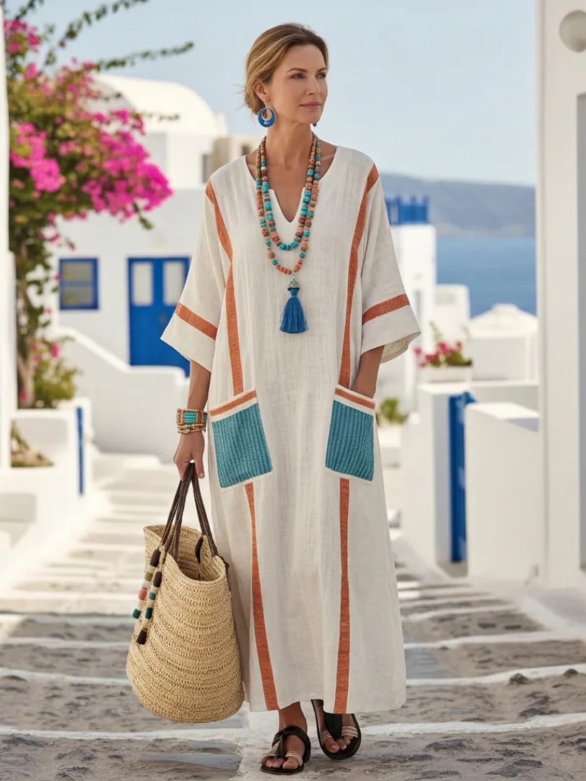Maxi dress with V neckline, 3/4 sleeves, front pockets.