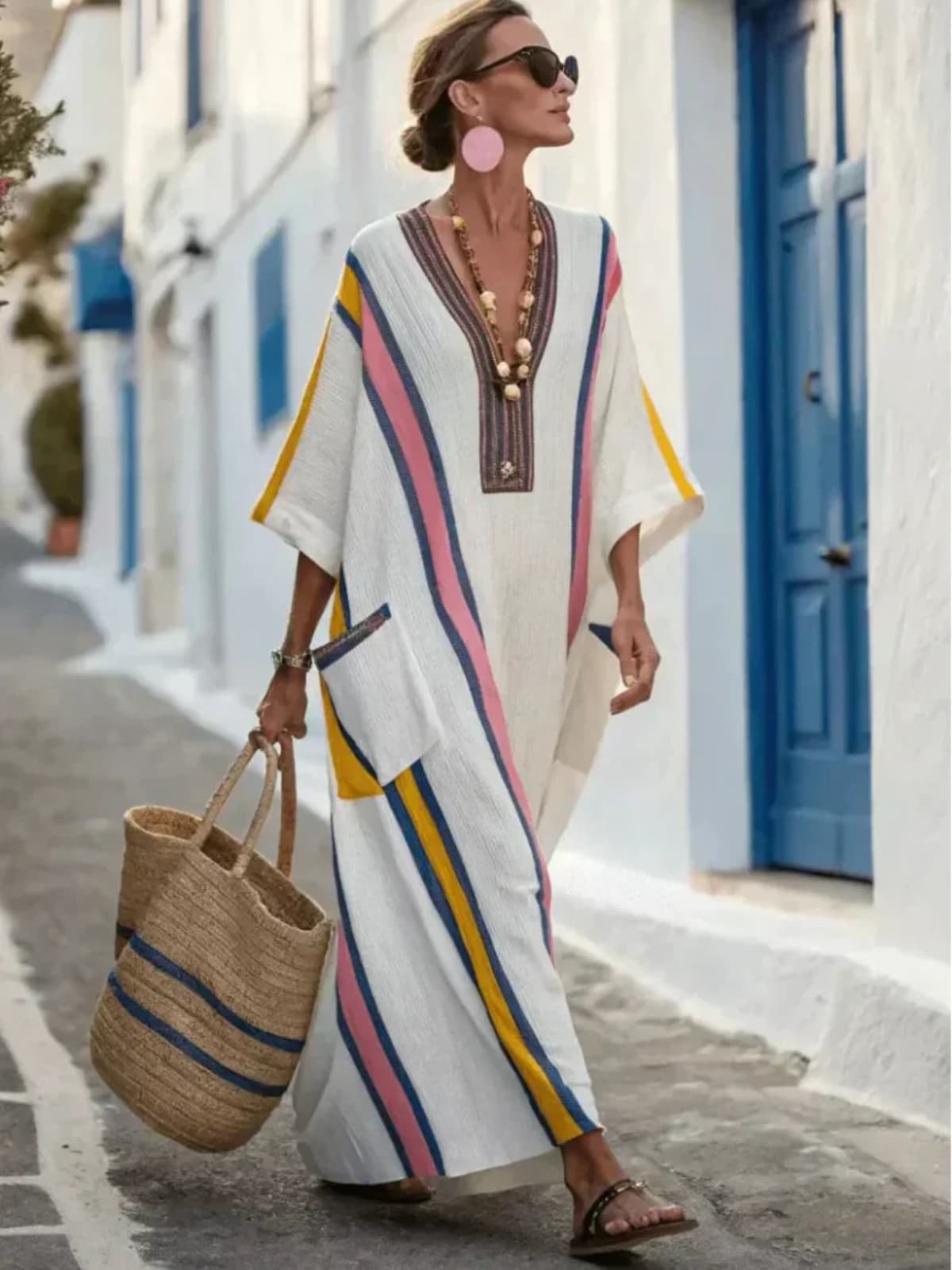 Maxi dress with V neckline, 3/4 sleeves, front pockets.
