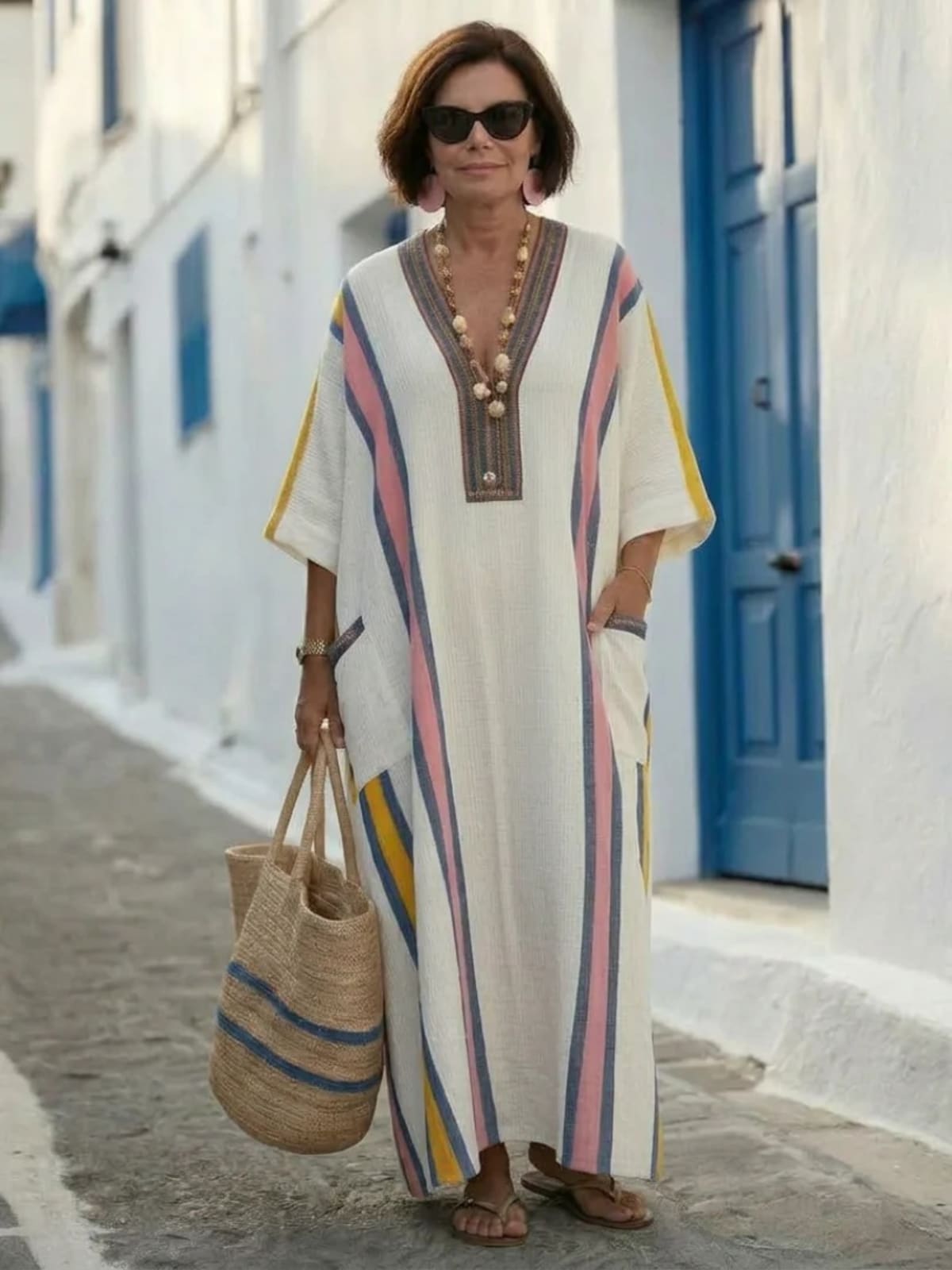 Maxi dress with V neckline, 3/4 sleeves, front pockets.