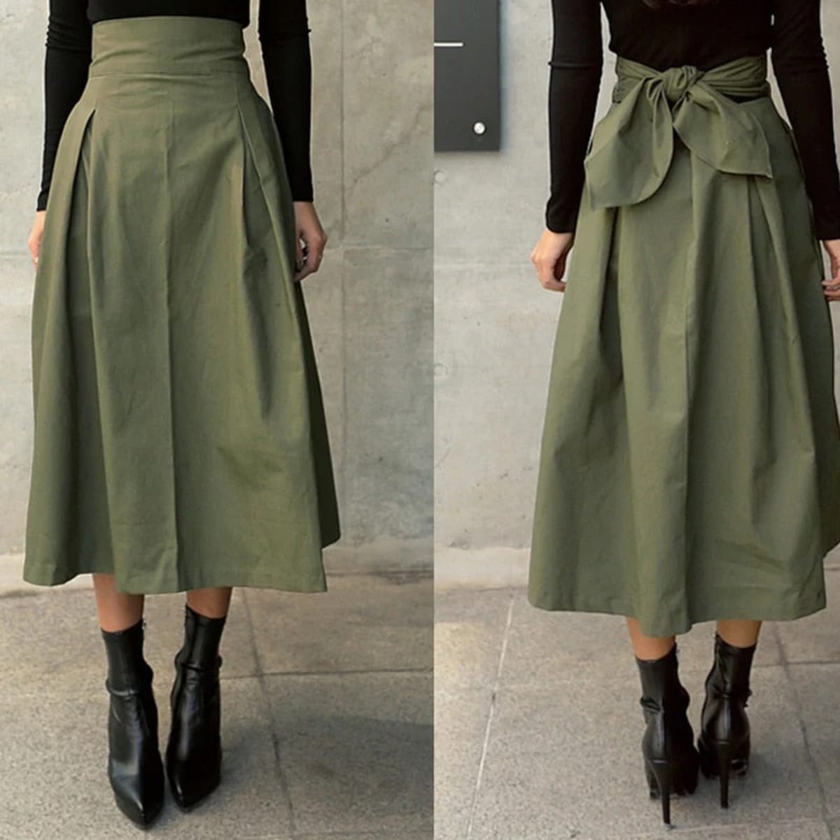 Woman wearing A-line midi wrap skirt with self-tie waist outdoors