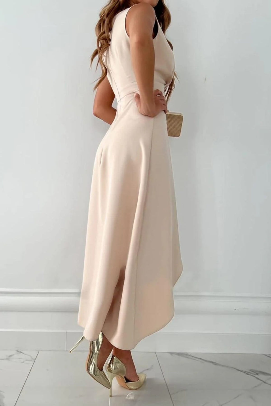 Wrap V-neck midi dress with side tie and waist detail.