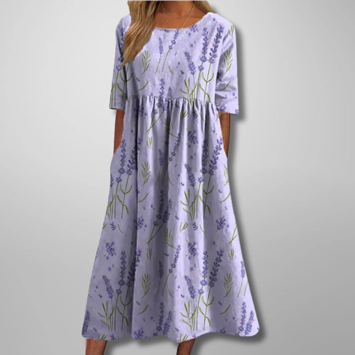 Relaxed floral midi dress with flowing silhouette and lightweight fabric.