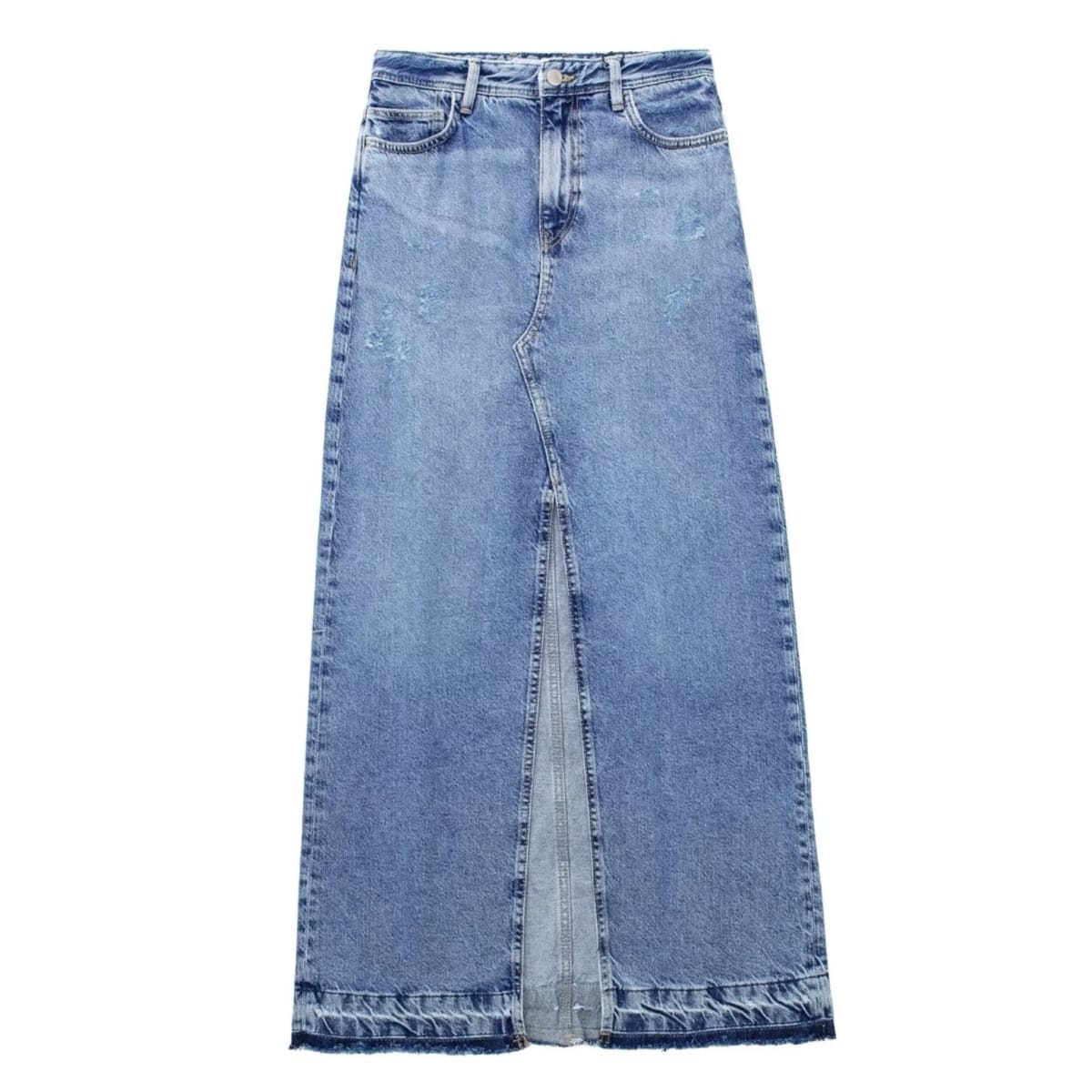 Woman wearing high-waisted denim maxi skirt with slit.