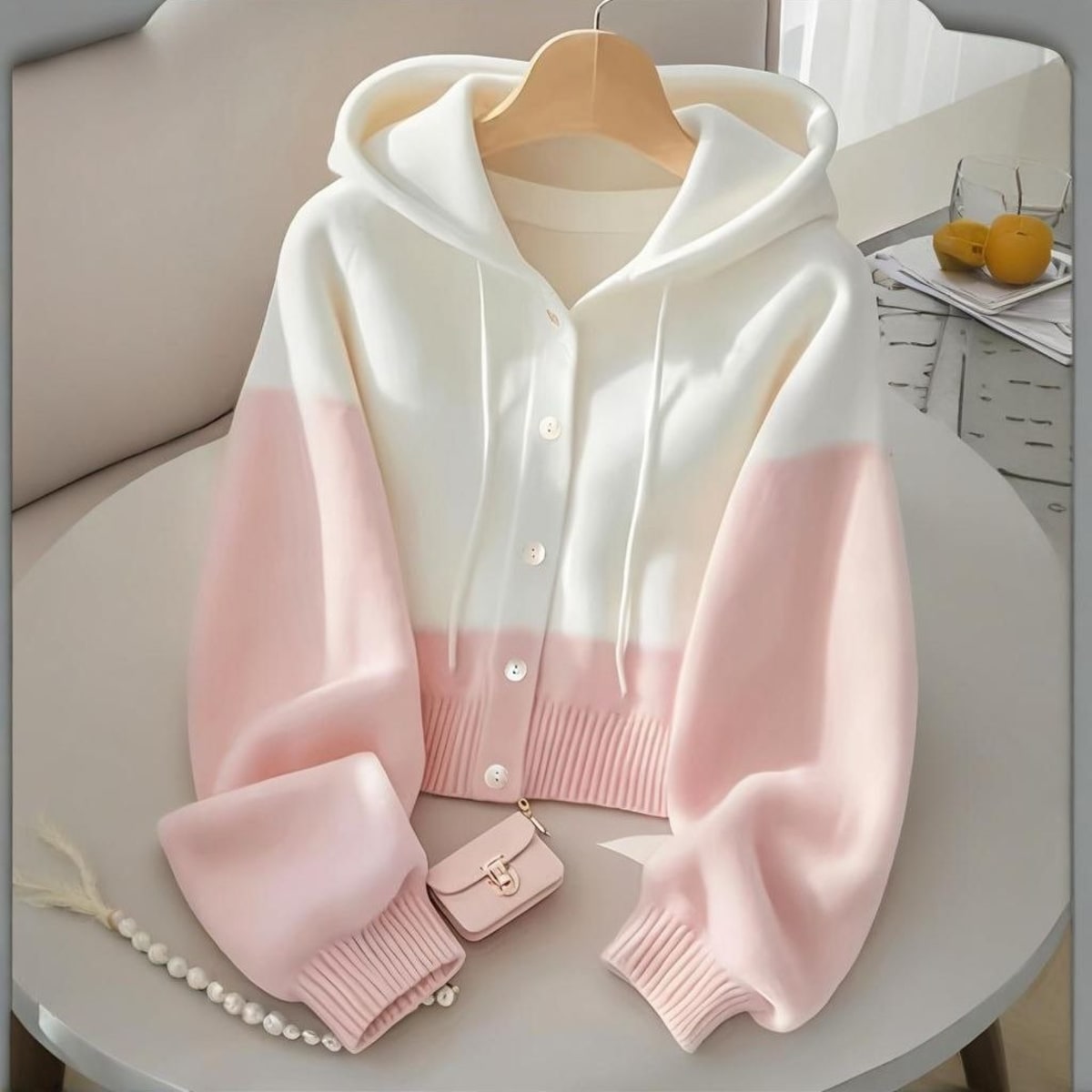 Barolo Color Block Cropped Hooded Cardigan Sweater