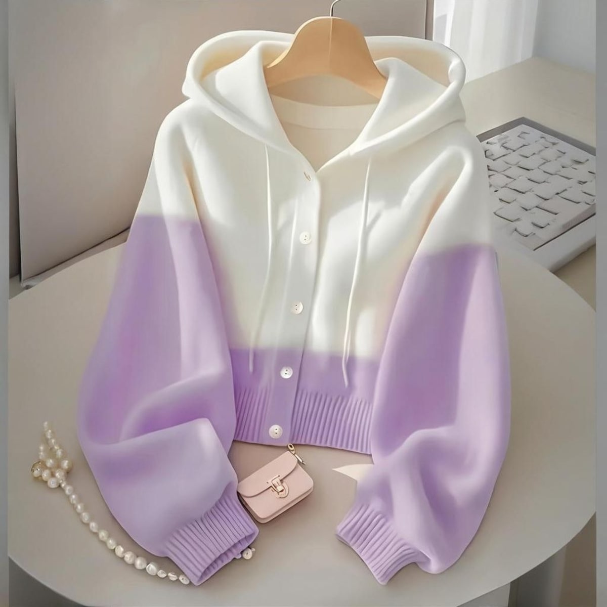 Barolo Color Block Cropped Hooded Cardigan Sweater