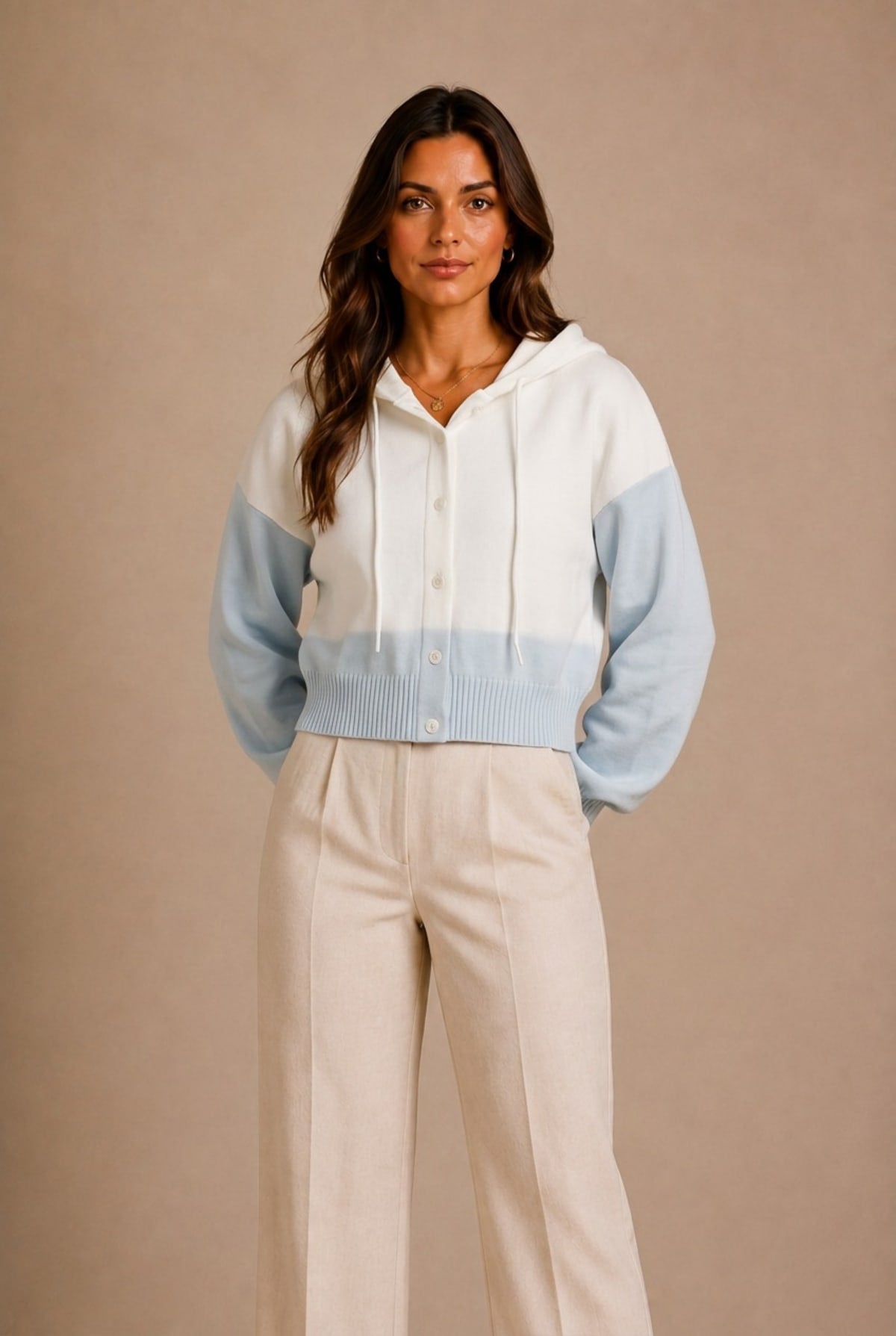 Barolo Color Block Cropped Hooded Cardigan Sweater