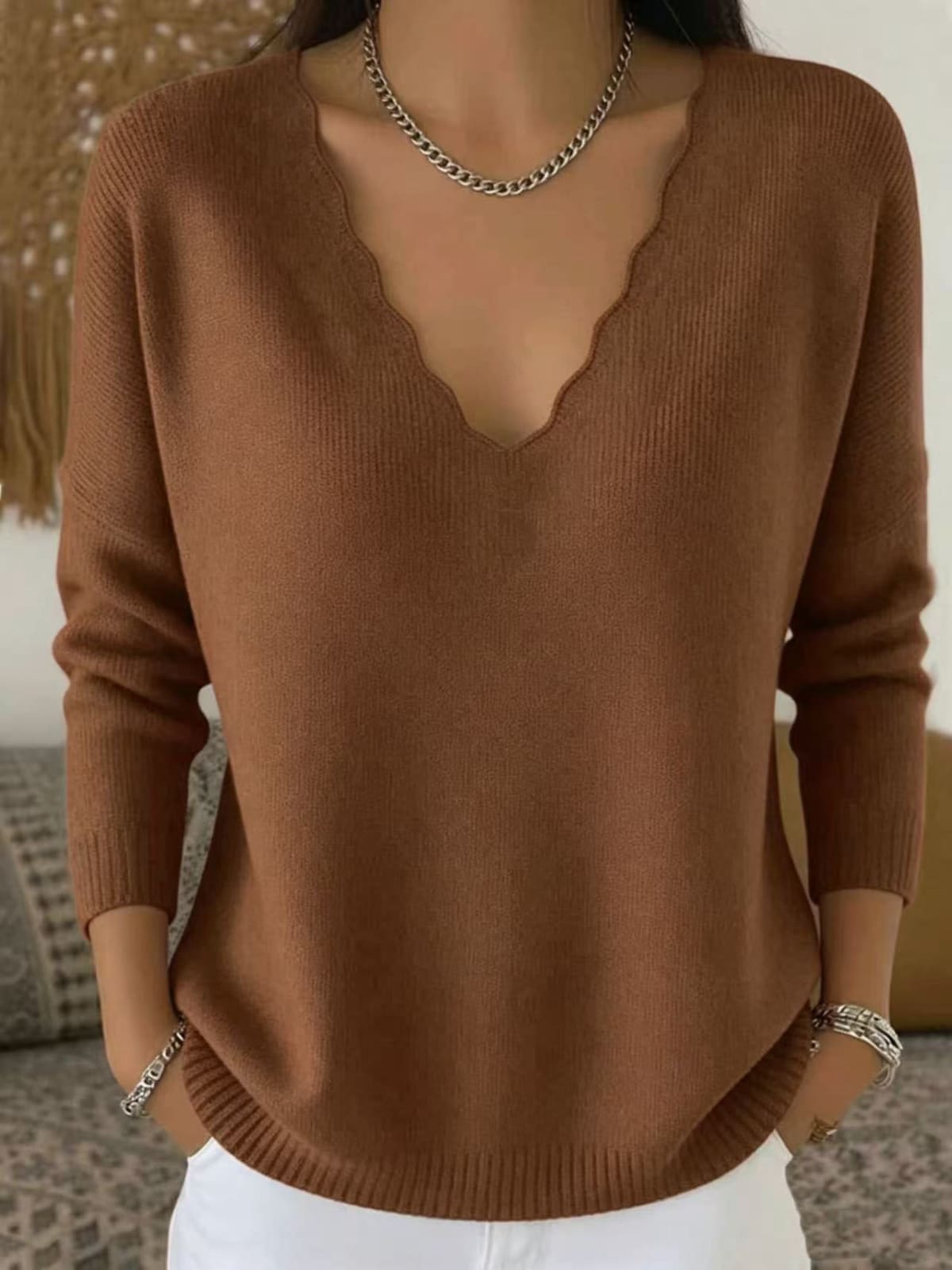 Cortona Scalloped V-Neck Sweater
