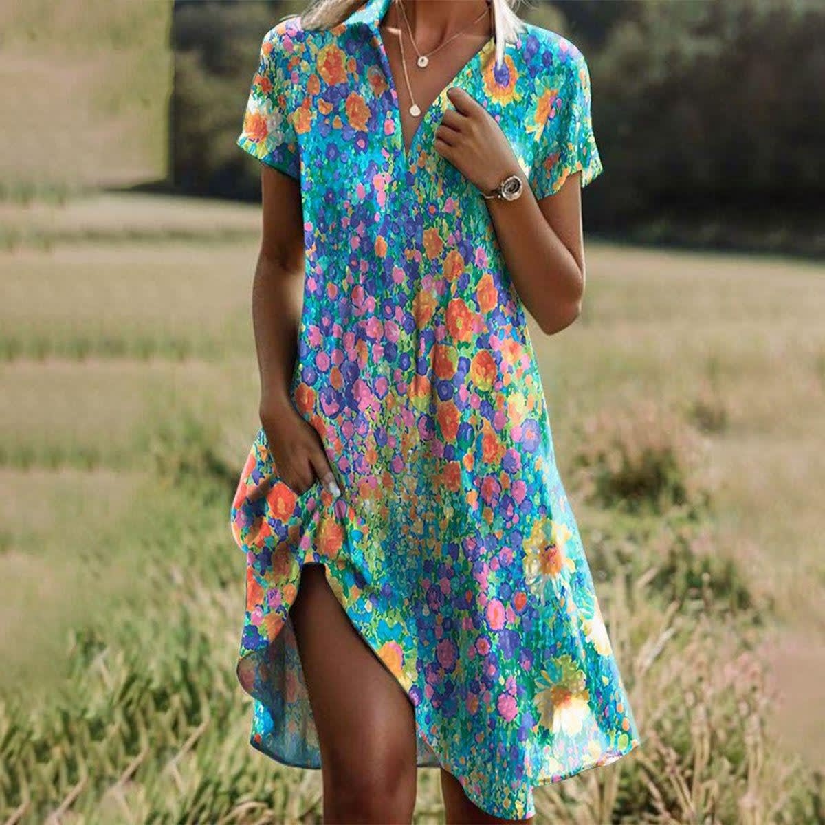 Flowing bohemian summer dress with intricate details.