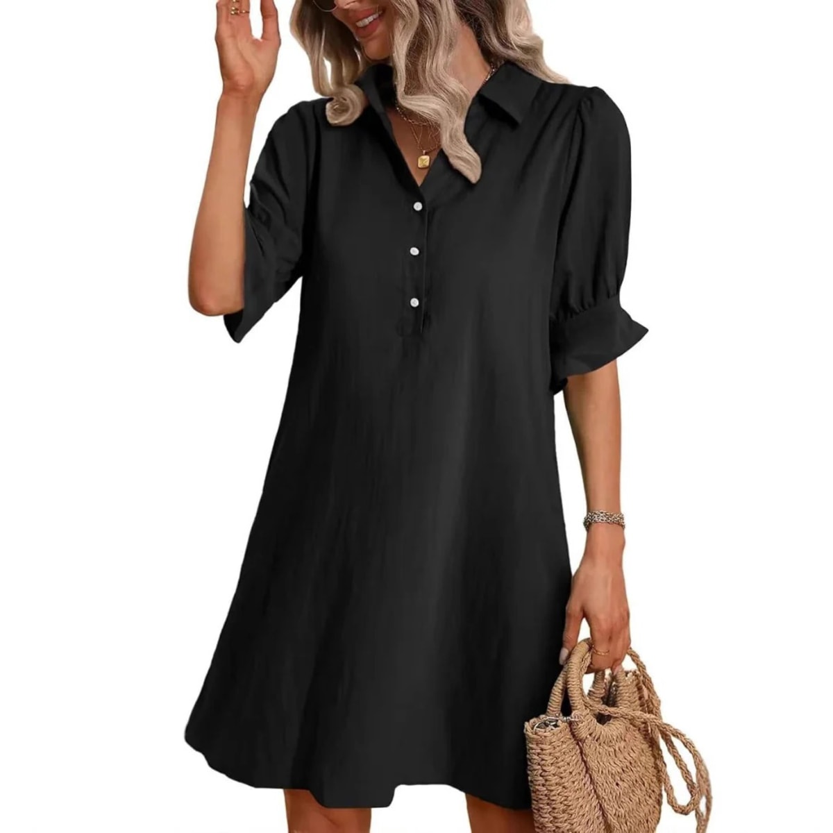 Button-down shirt dress with structured silhouette and relaxed fit.
