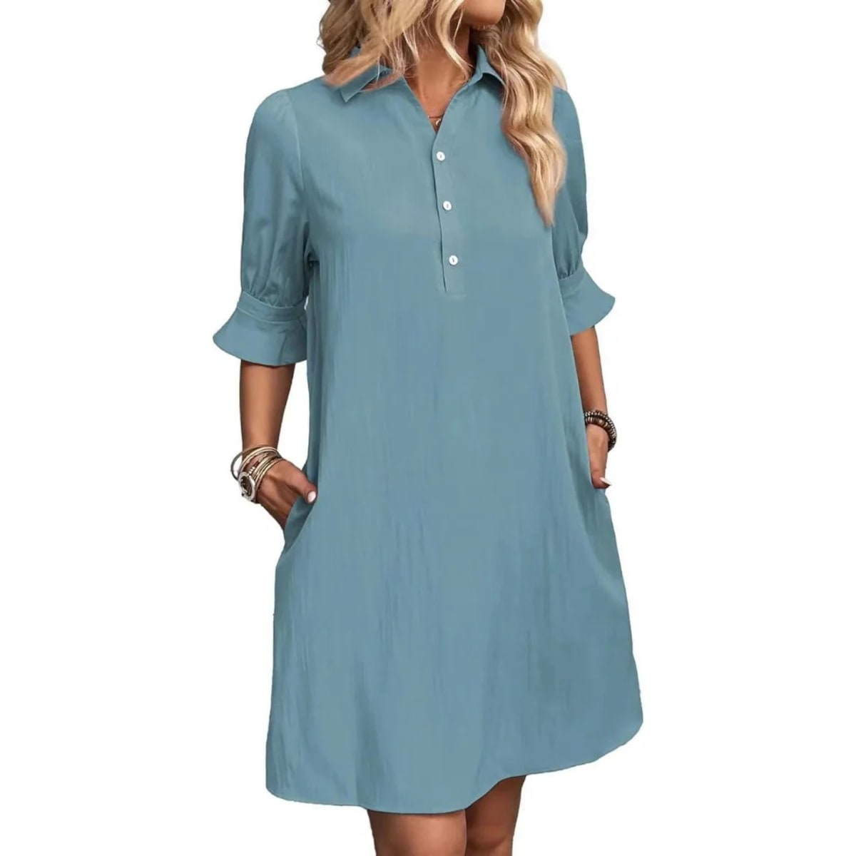 Button-down shirt dress with structured silhouette and relaxed fit.