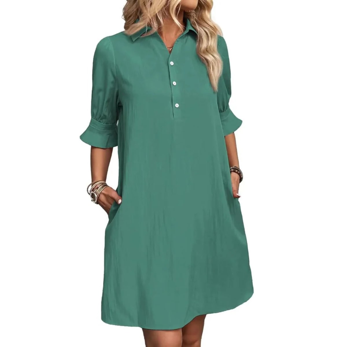 Button-down shirt dress with structured silhouette and relaxed fit.