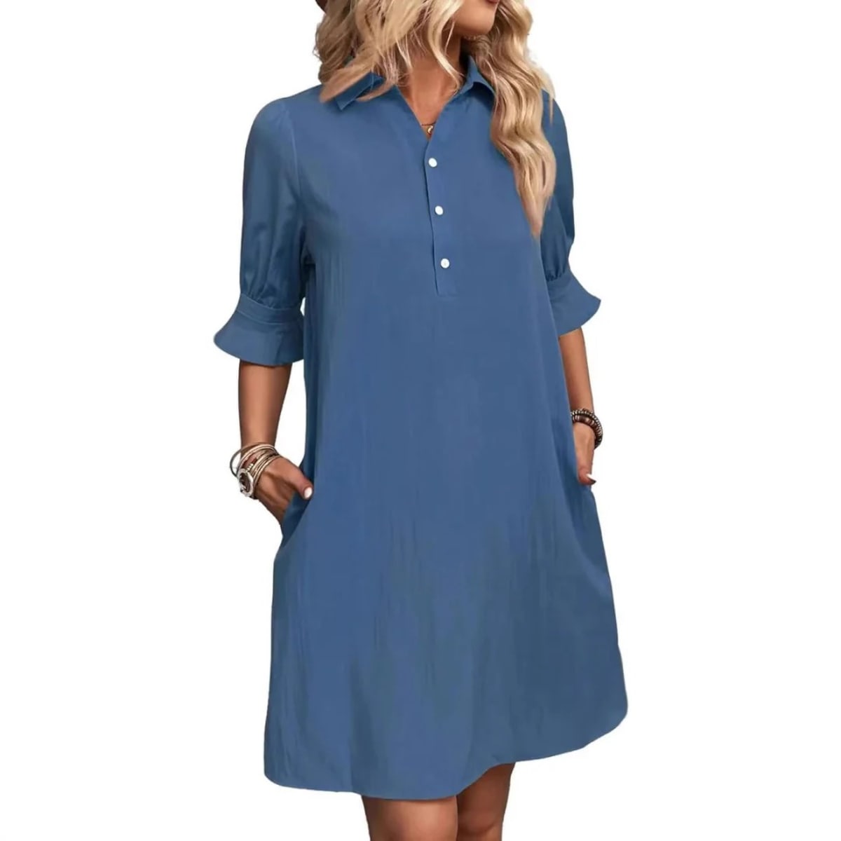 Button-down shirt dress with structured silhouette and relaxed fit.