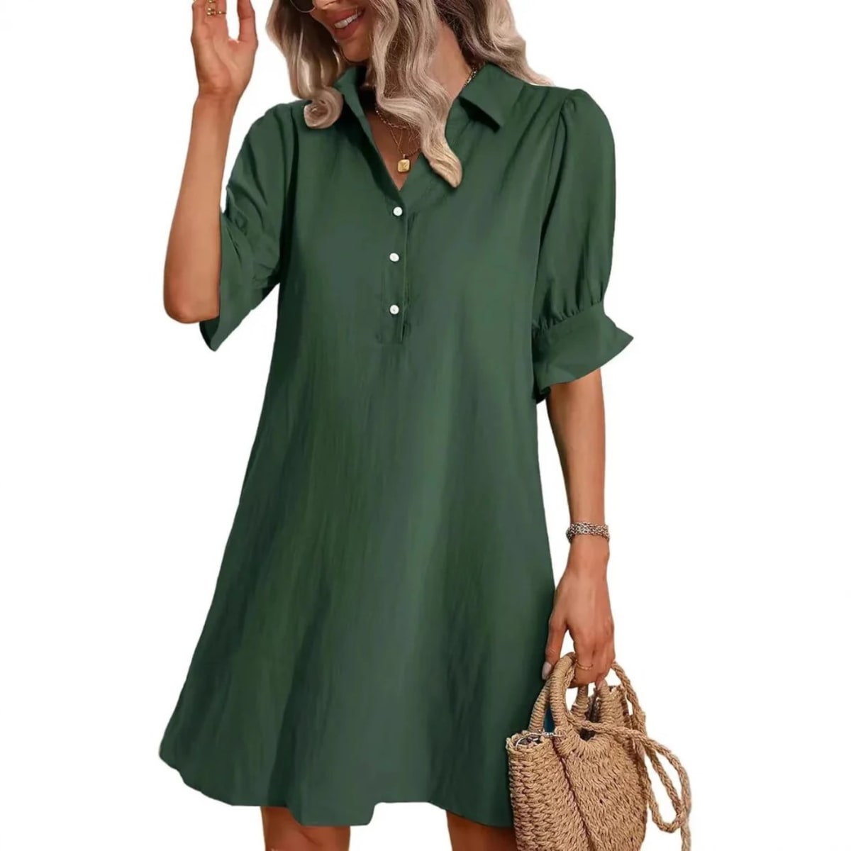 Button-down shirt dress with structured silhouette and relaxed fit.