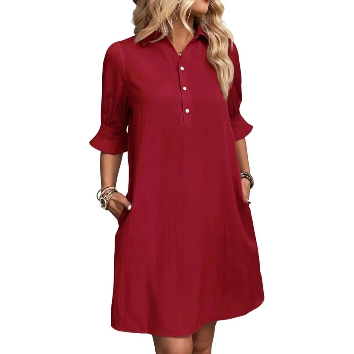 Button-down shirt dress with structured silhouette and relaxed fit.