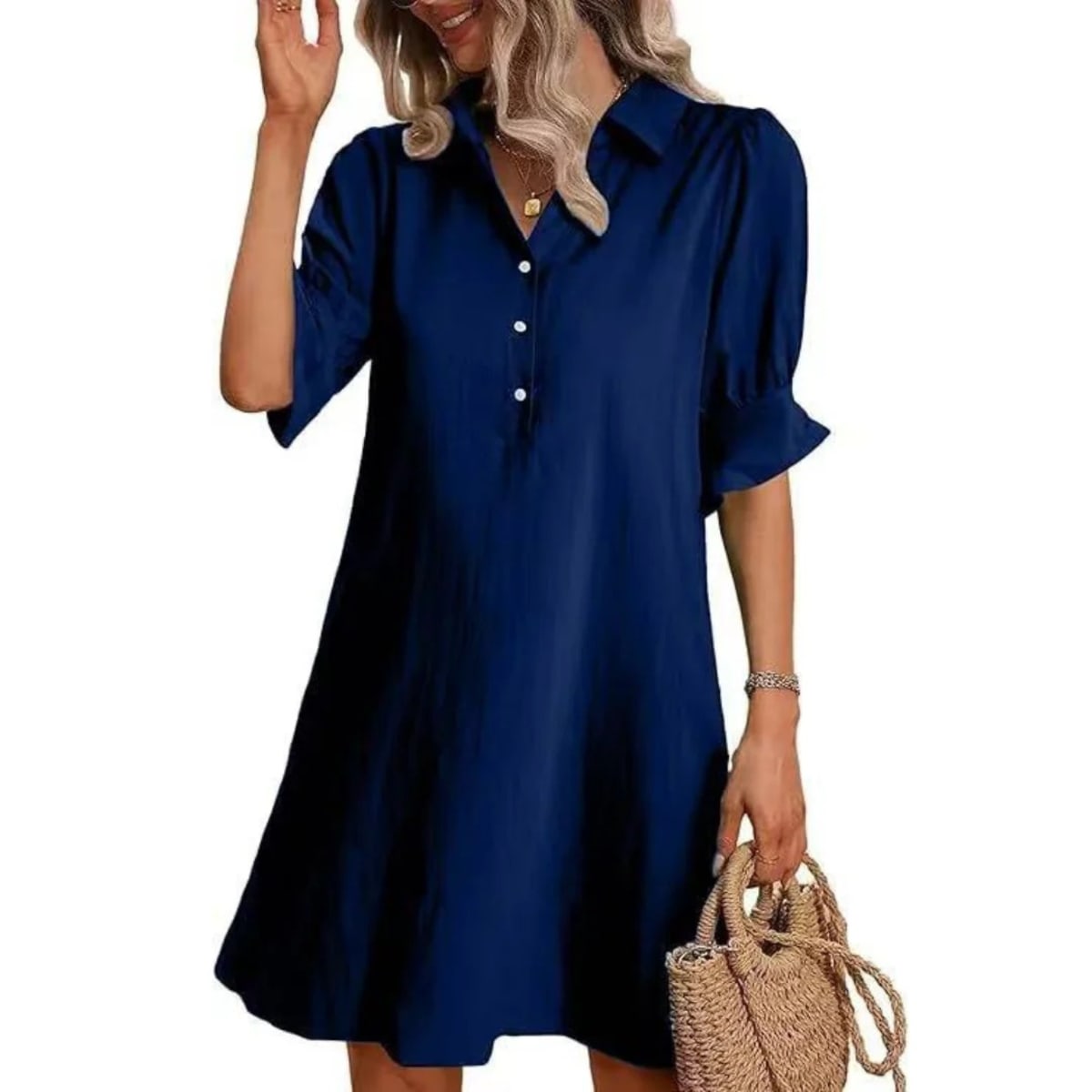 Button-down shirt dress with structured silhouette and relaxed fit.