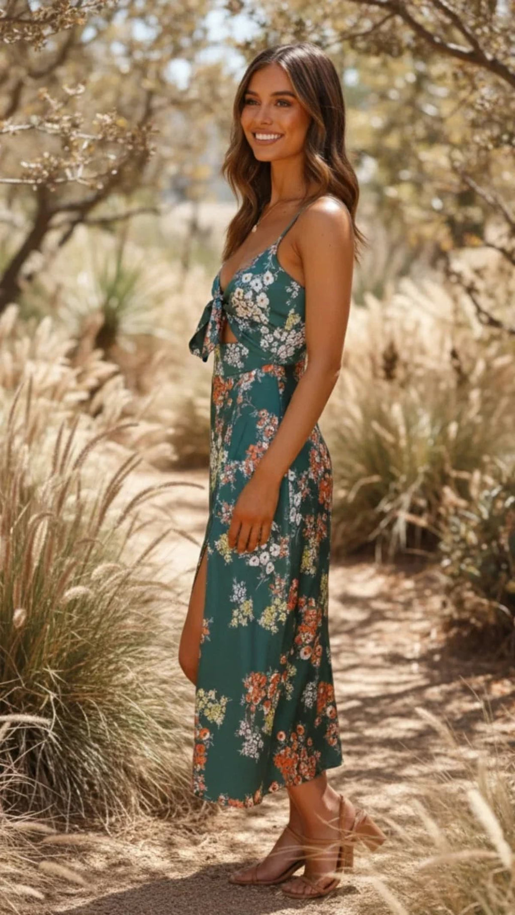 Woman in garden wearing floral midi dress with tie-front and slit