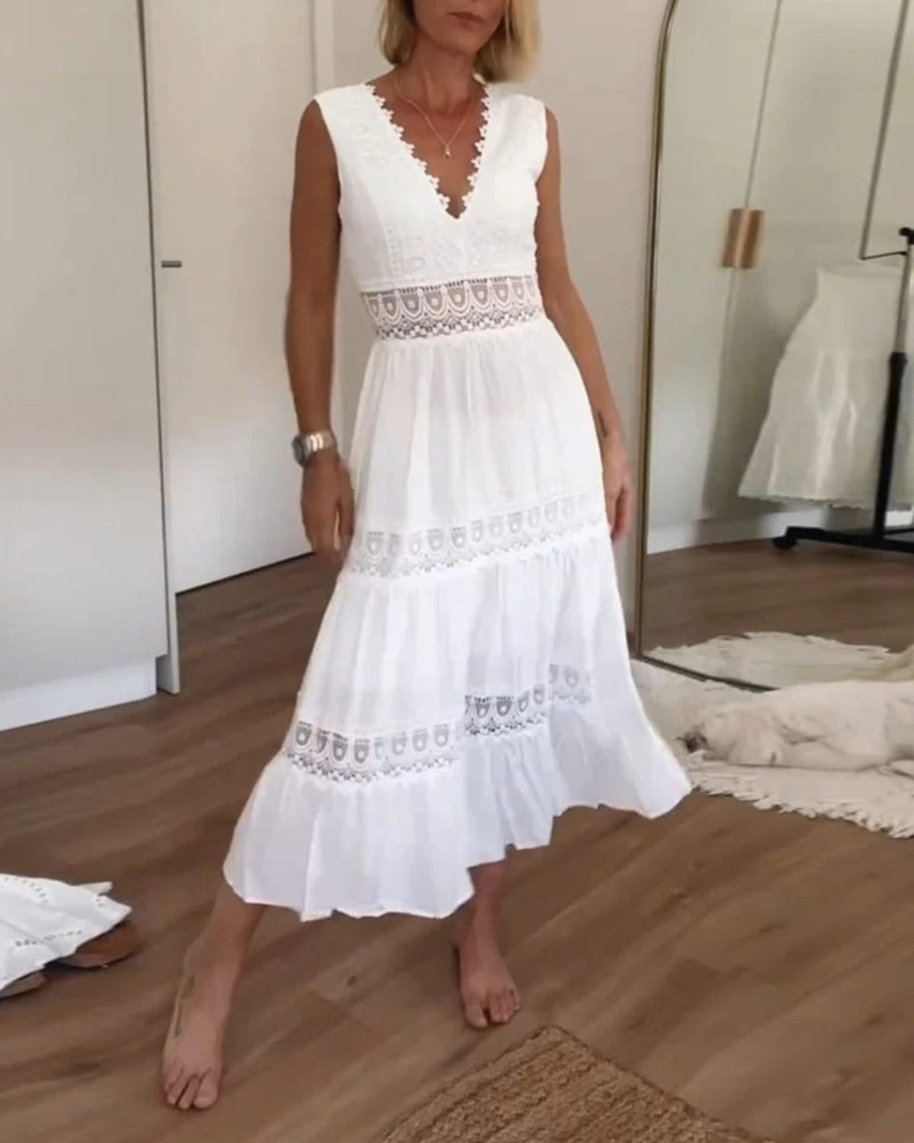 Boho wrap dress with draped silhouette and tie-waist.