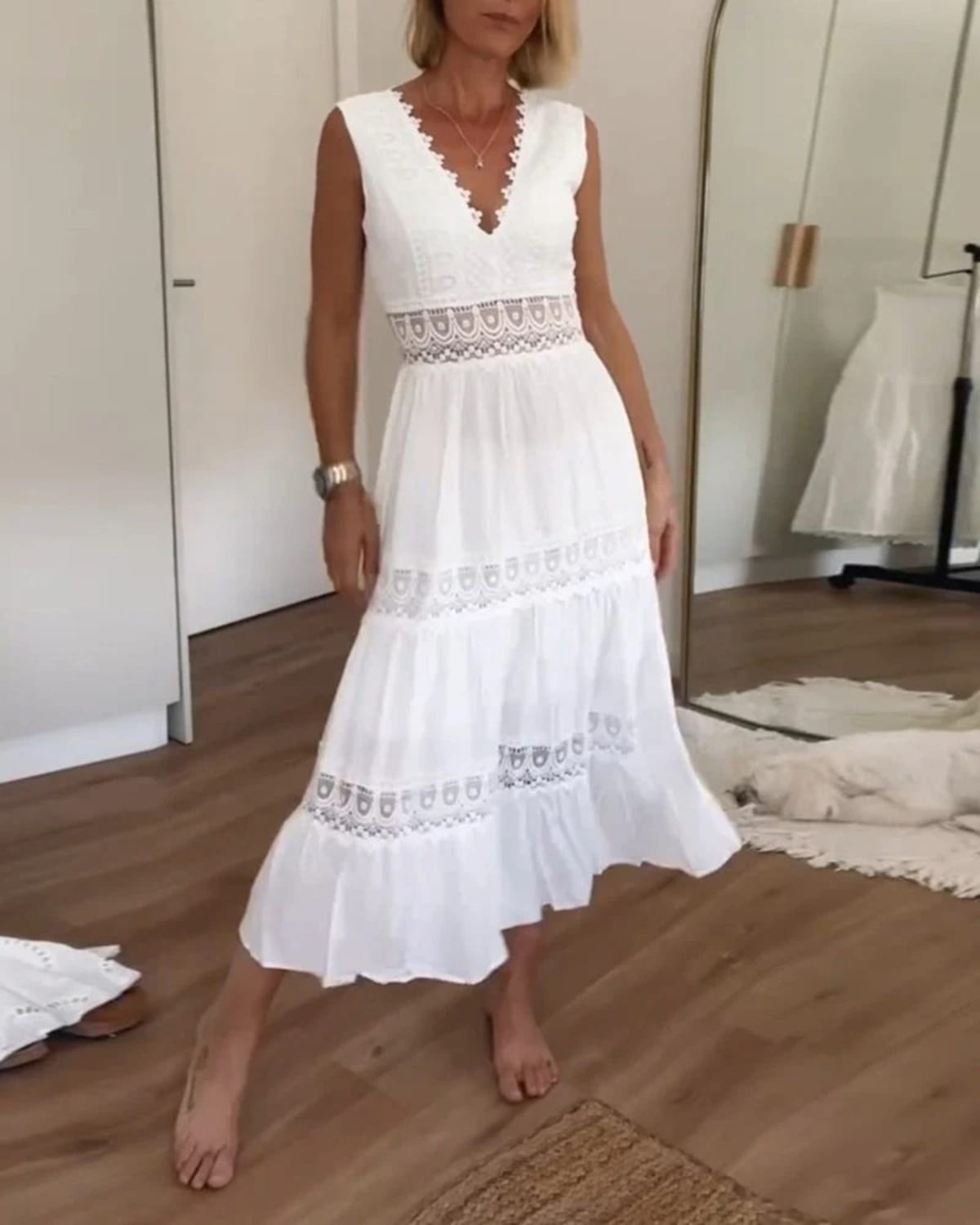 Boho wrap dress with draped silhouette and tie-waist.