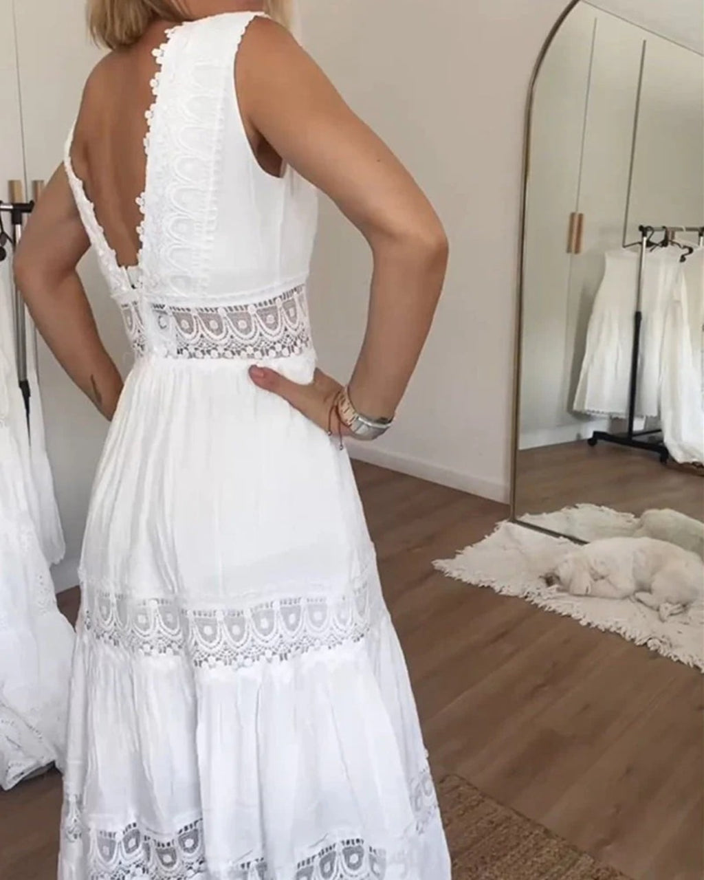 Boho wrap dress with draped silhouette and tie-waist.