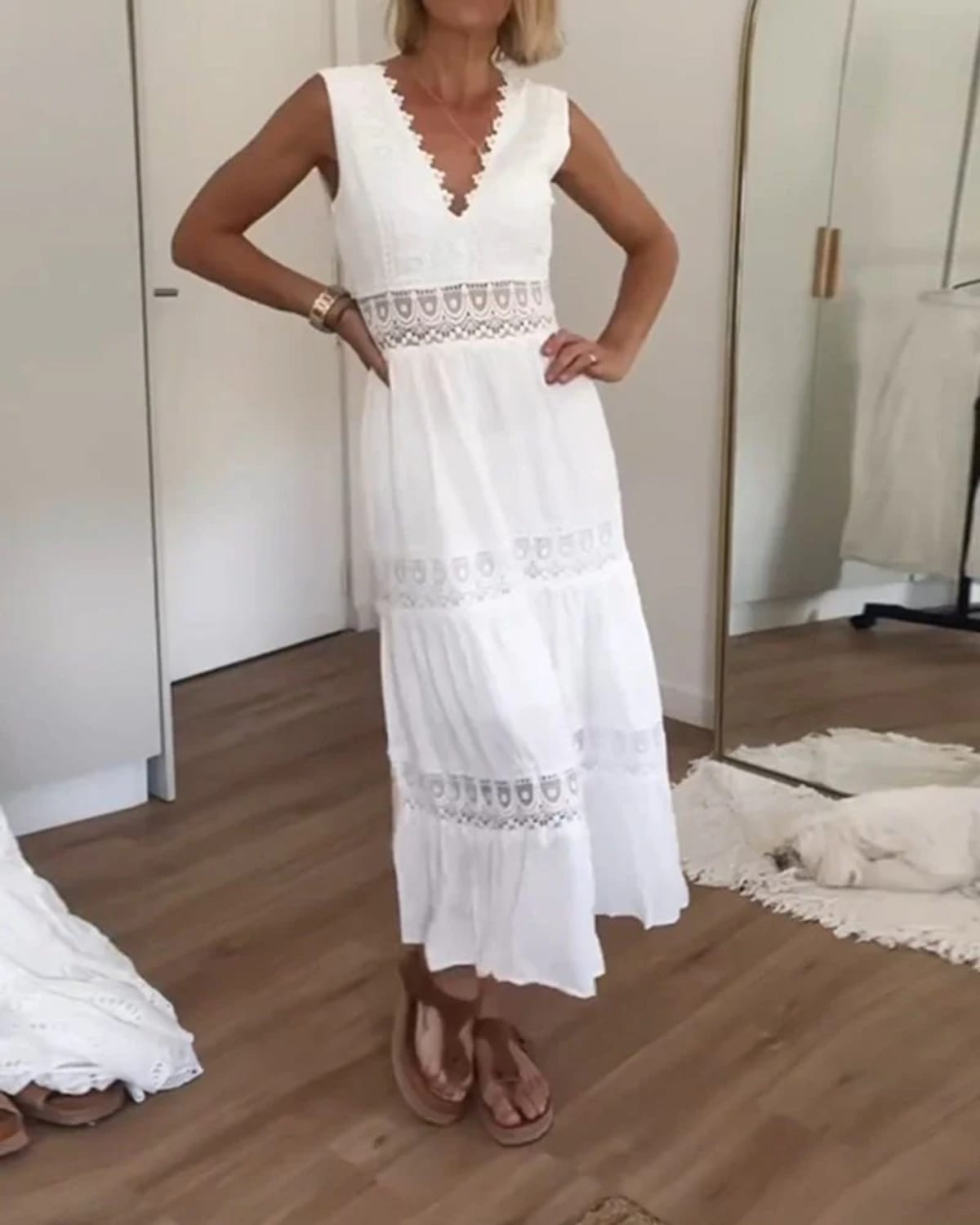 Boho wrap dress with draped silhouette and tie-waist.