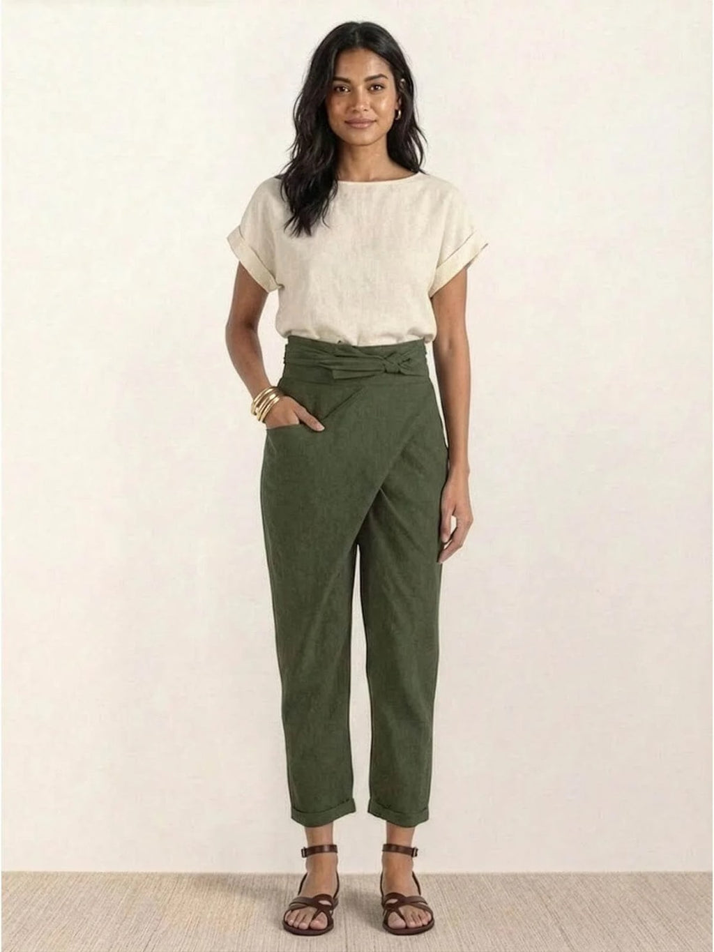 High-waisted wrap front cropped pants with bow tie.