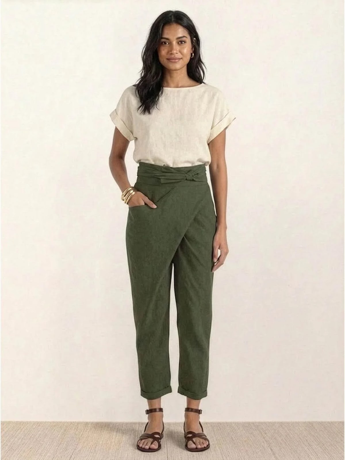 High-waisted wrap front cropped pants with bow tie.