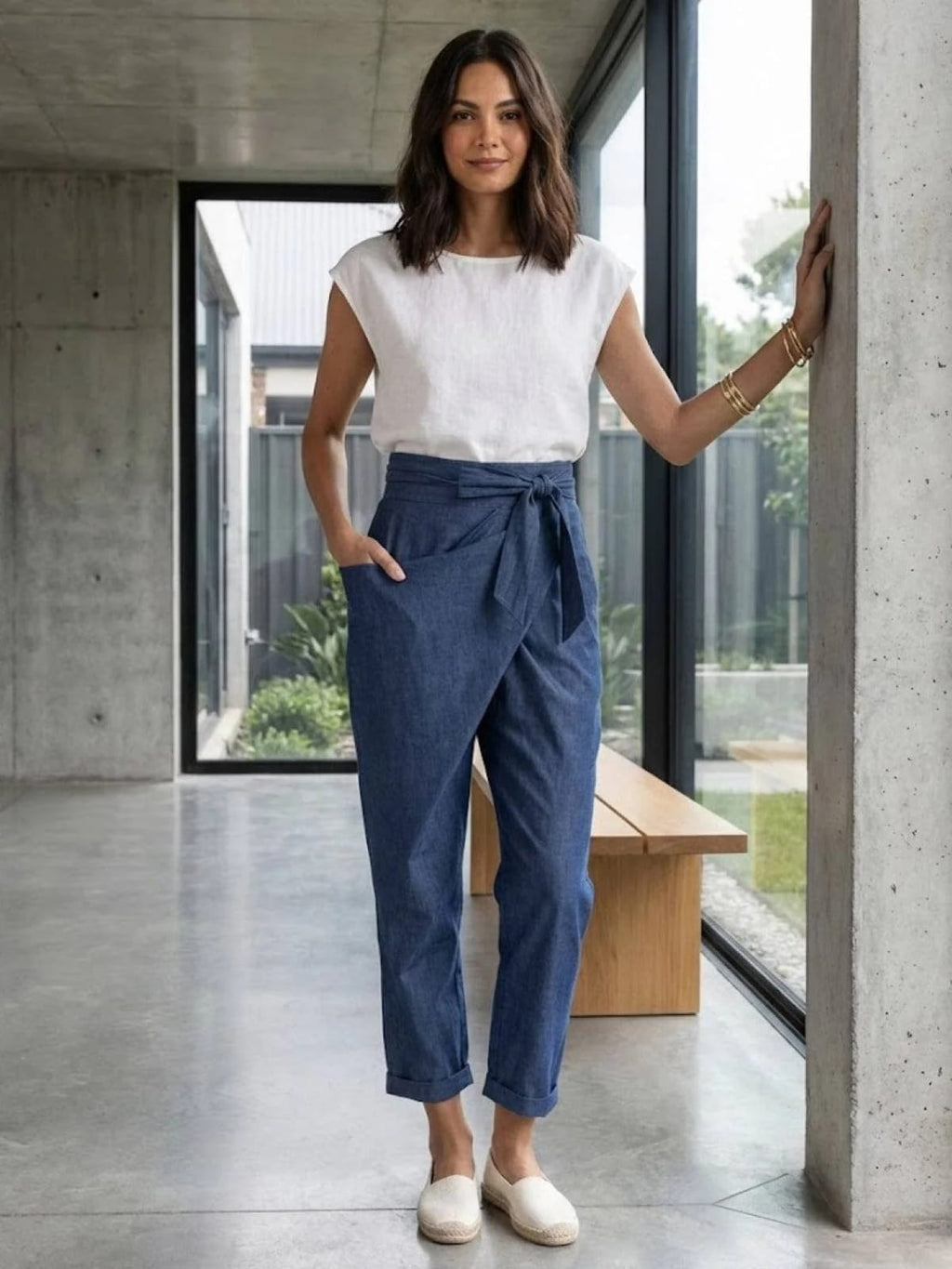High-waisted wrap front cropped pants with bow tie.